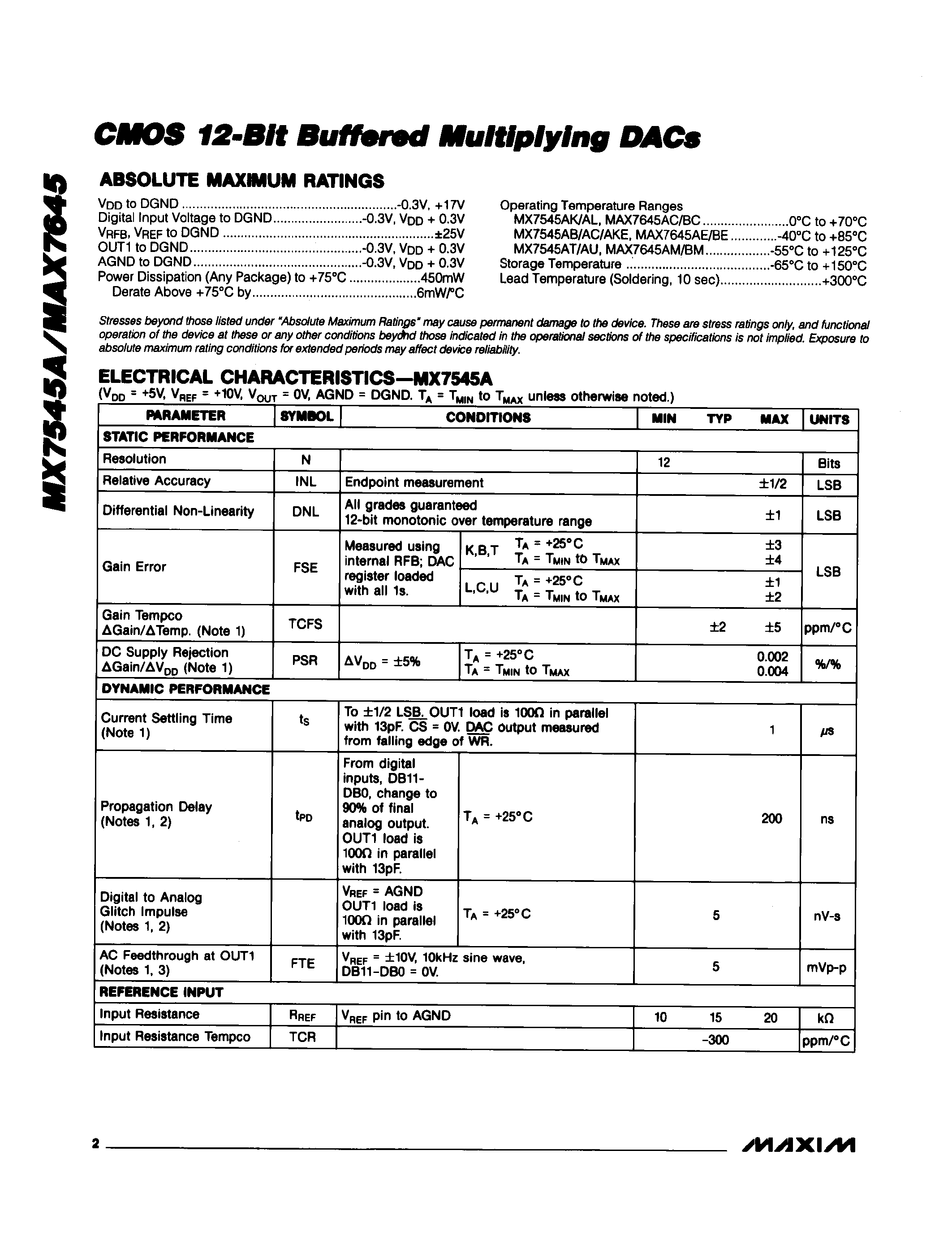 Datasheet MX7645B/D - CMOS 12-Bit Buffered Multiplying DACs page 2