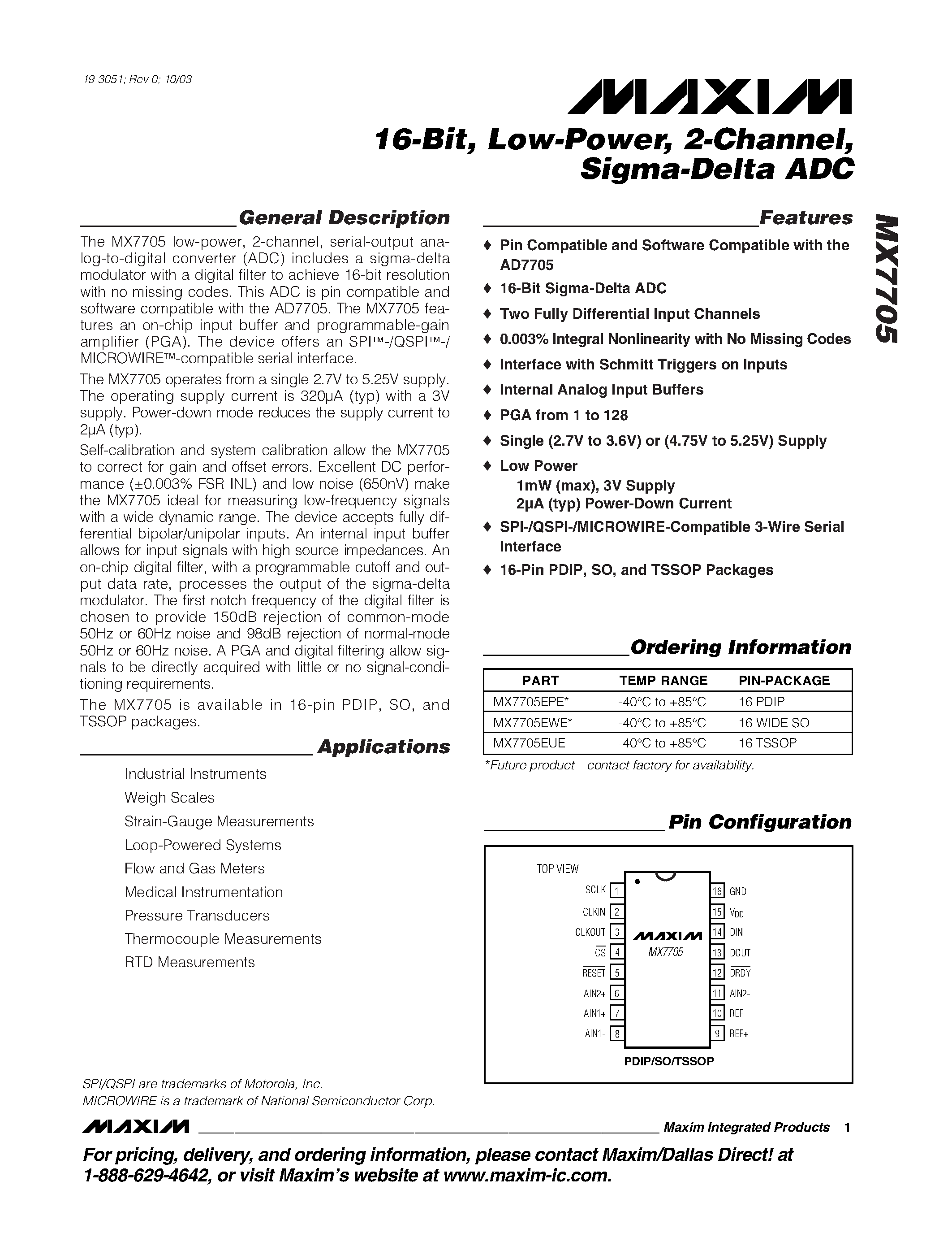 Даташит MX7705 - 16-Bit / Low-Power / 2-Channel / Sigma-Delta ADC страница 1