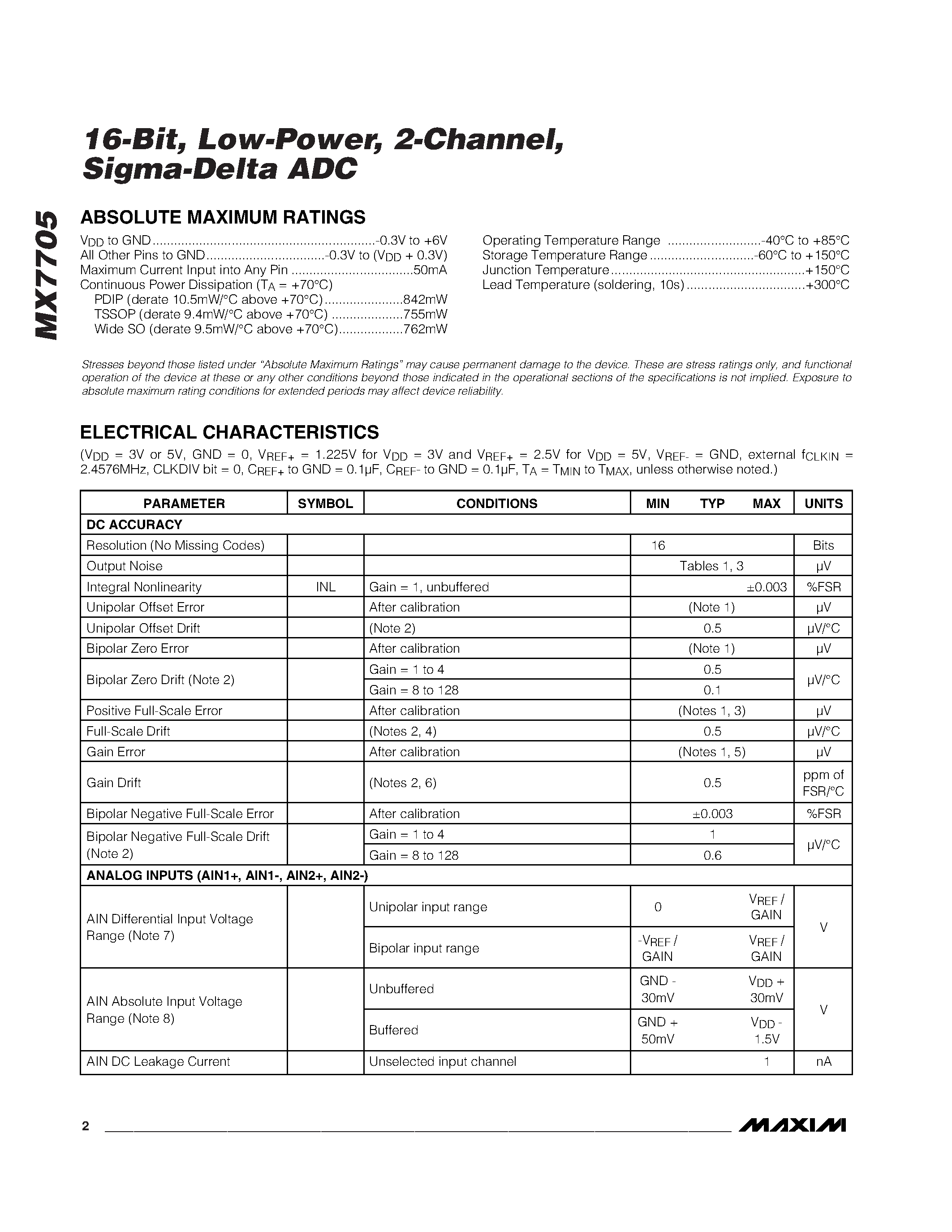 Даташит MX7705 - 16-Bit / Low-Power / 2-Channel / Sigma-Delta ADC страница 2