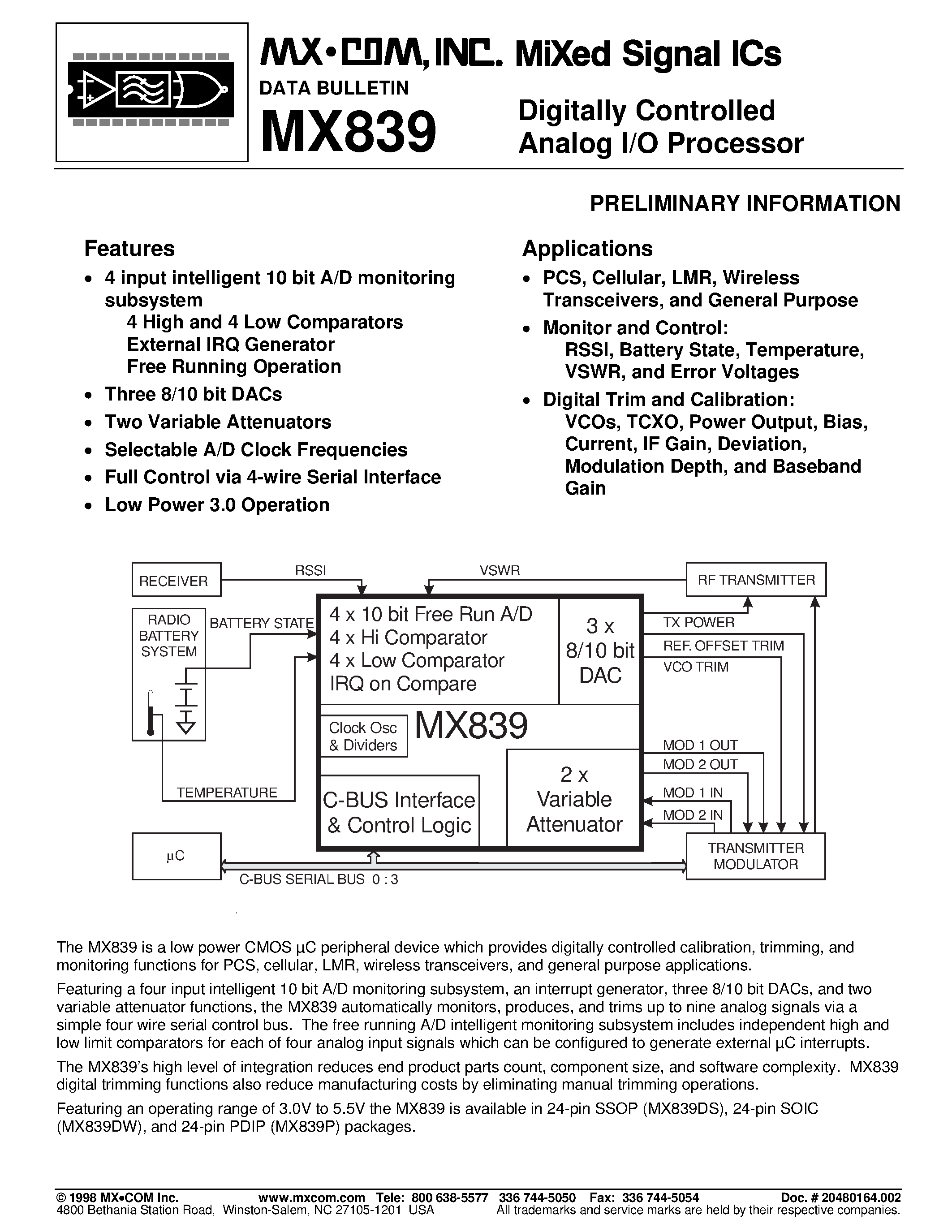 Datasheet MX839 - Digitally Controlled Analog I/O Processor page 1