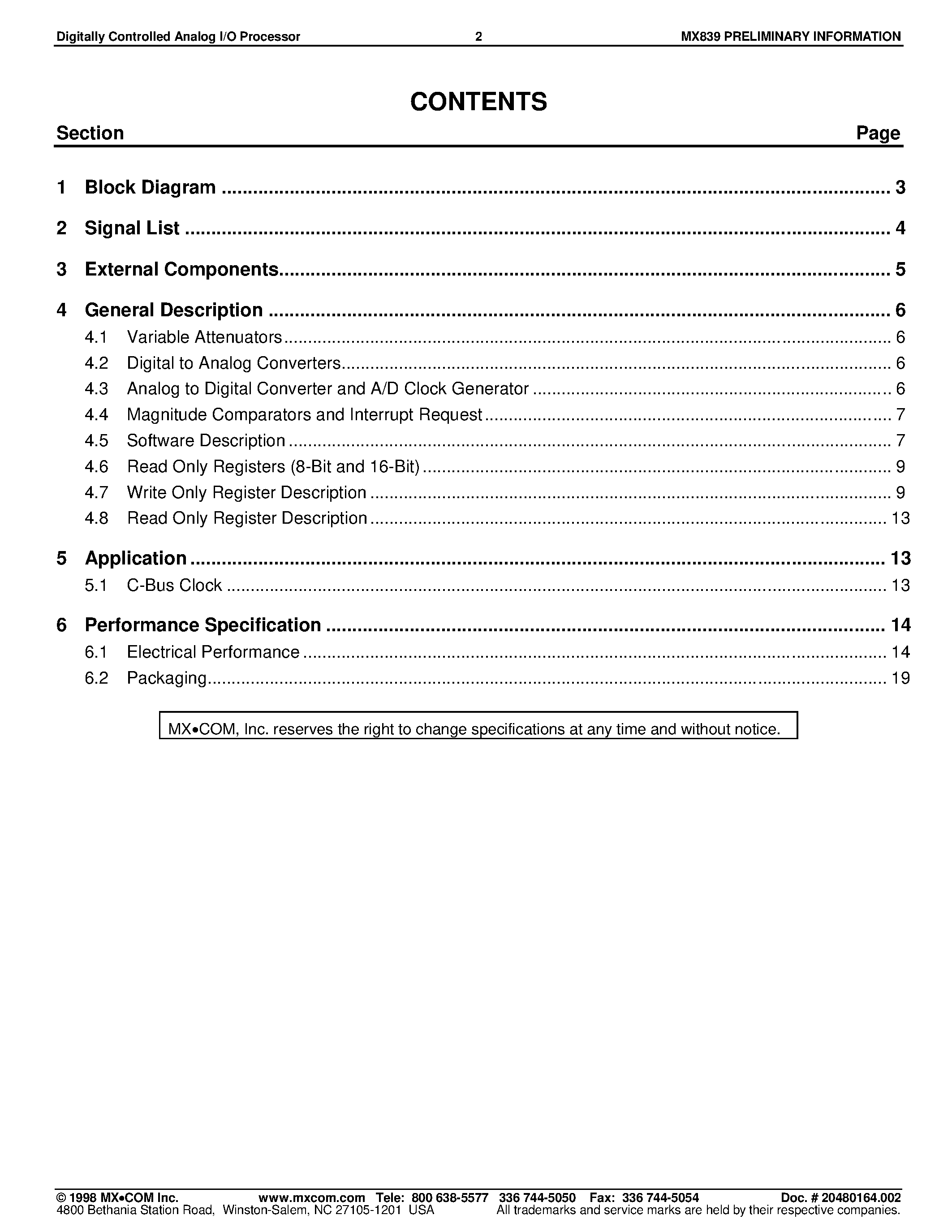 Datasheet MX839 - Digitally Controlled Analog I/O Processor page 2