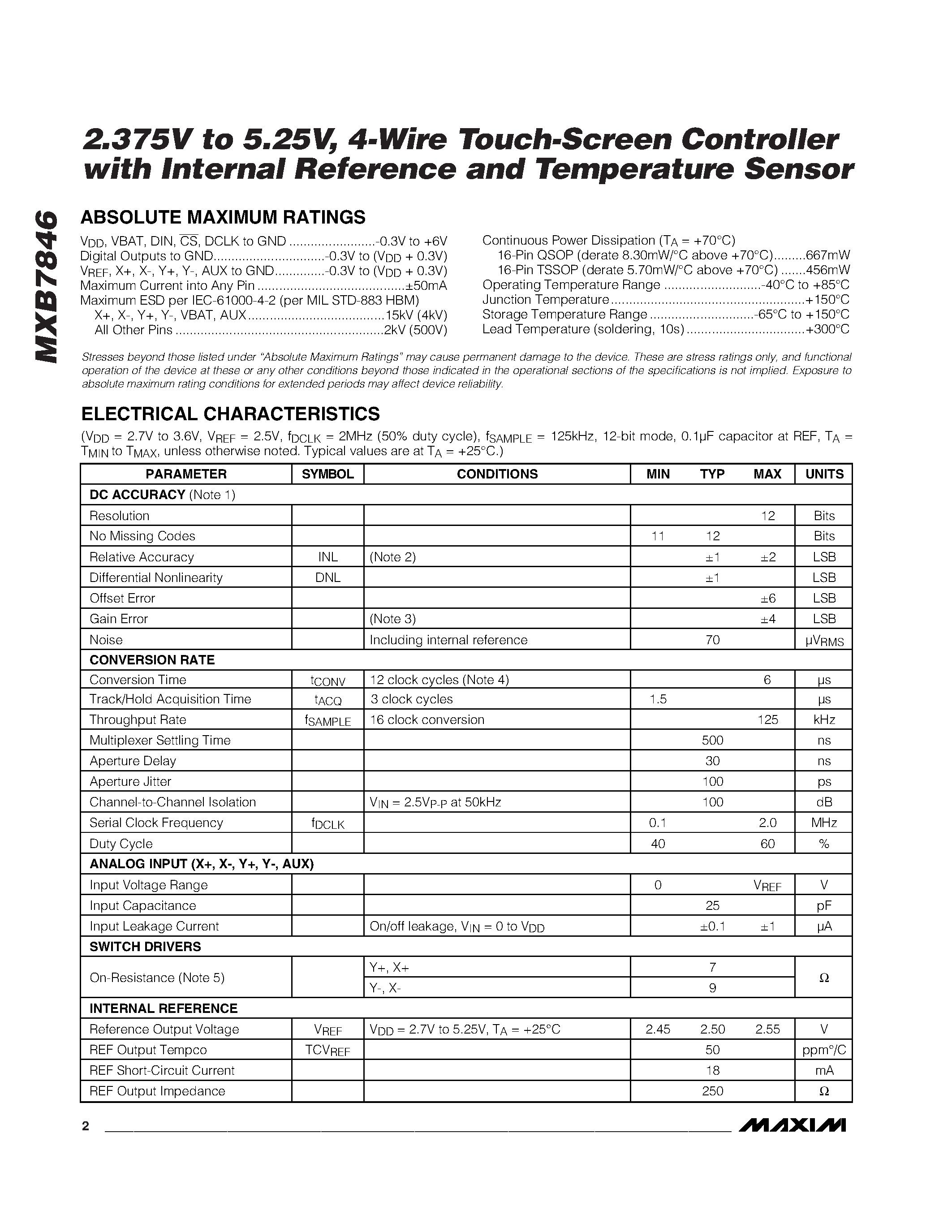 Даташит MXB7846 - 2.375V to 5.25V / 4-Wire Touch-Screen Controller with Internal Reference and Temperature Sensor страница 2