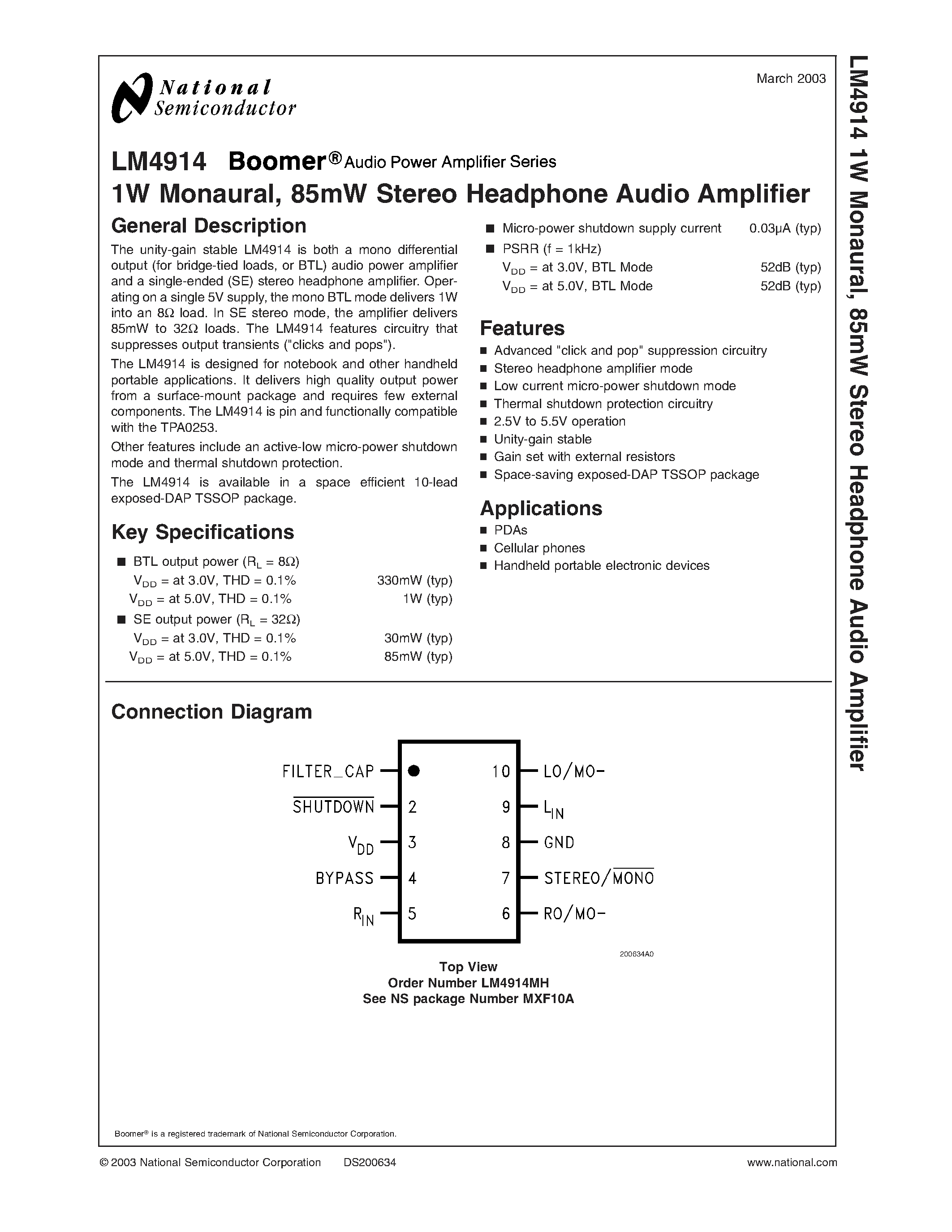 Даташит MXF10A - 2 Watt Audio Power Amplifier with Selectable Shutdown Logic Level страница 1