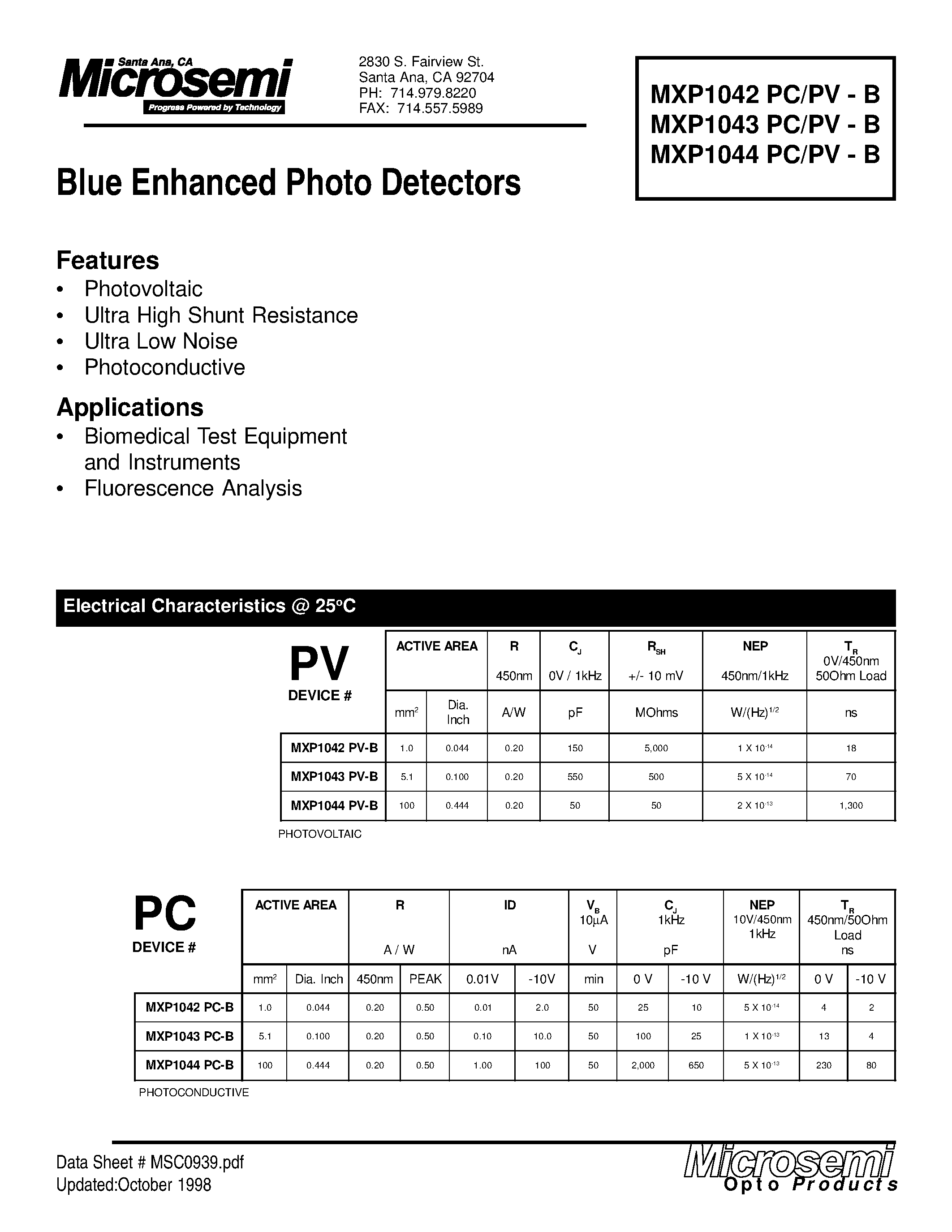 Datasheet MXP1042PC-B - Blue Enhanced Photo Detectors page 1