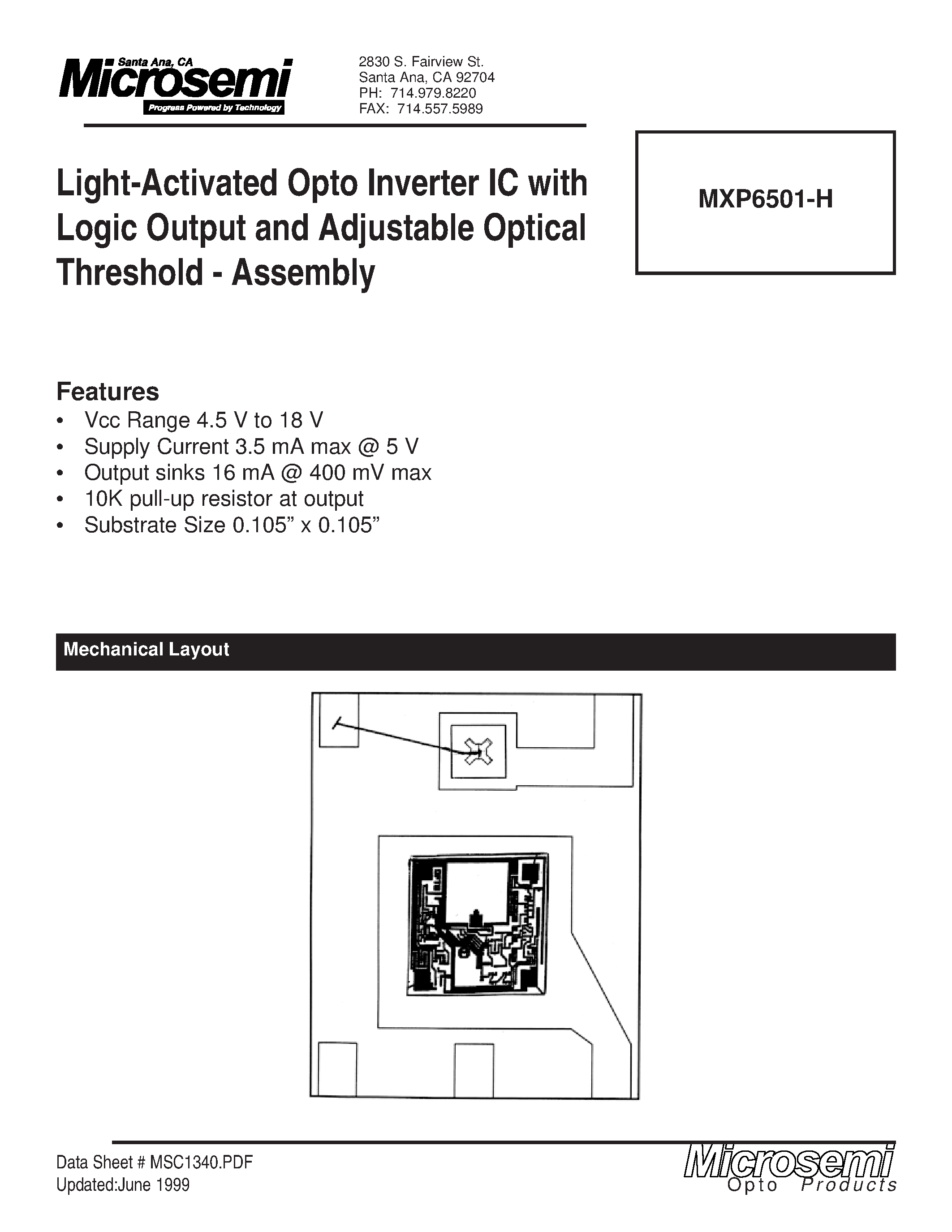 Даташит MXP6501-H - Light-Activated Opto Inverter IC with Logic Output and Adjustable Optical Threshold-Assembly страница 1