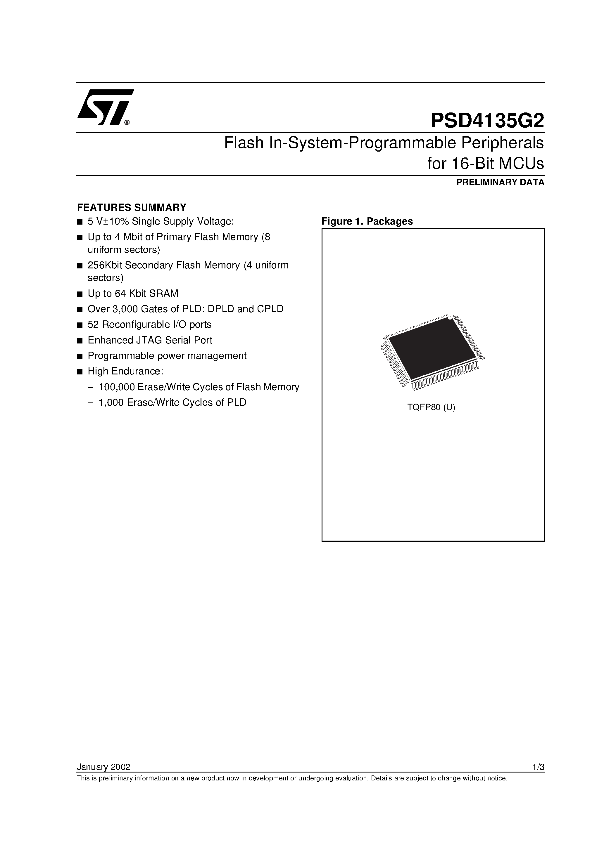 Datasheet PSD4135F2V-B-12B81I - Flash In-System-Programmable Peripherals for 16-Bit MCUs page 1