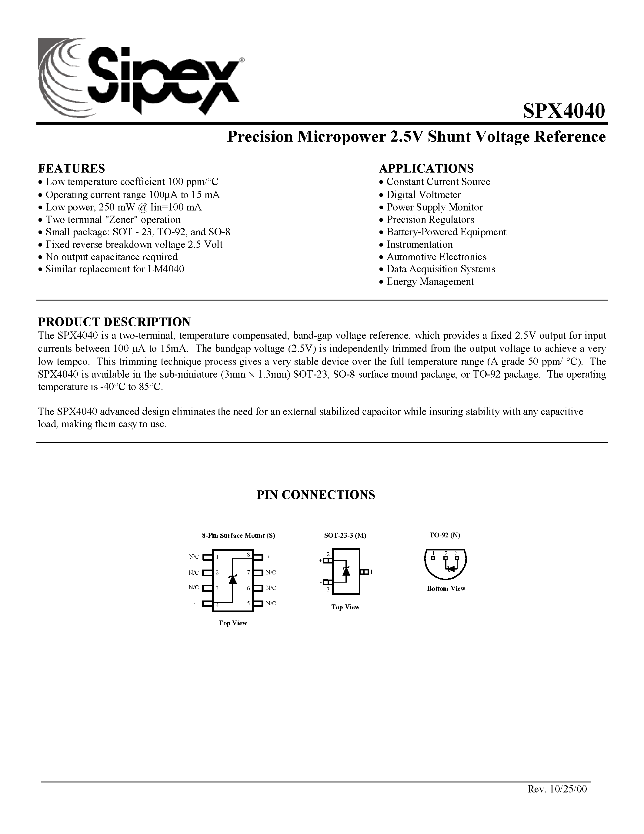 Даташит SPX4040 - Precision Micropower 2.5V Shunt Voltage Reference страница 1