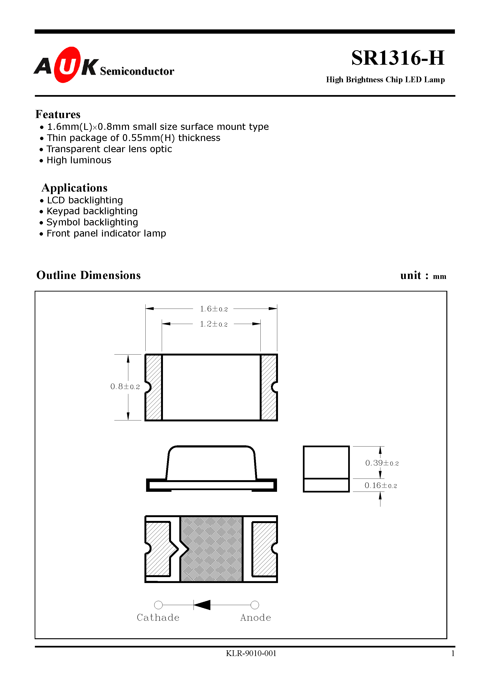 Даташит SR1316-H - High Brightness Chip LED Lamp страница 1