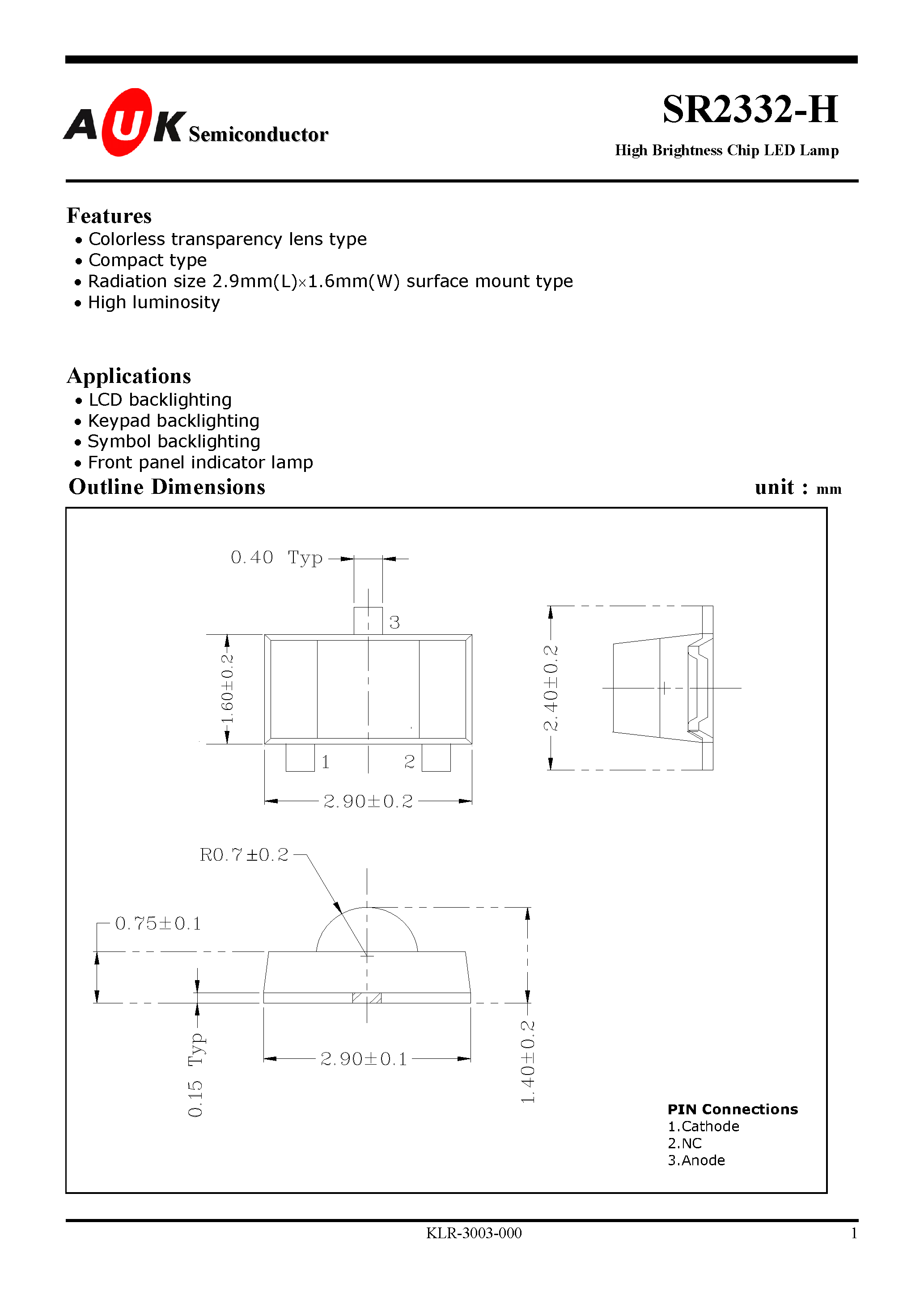 Даташит SR2332-H - High Brightness Chip LED Lamp страница 1