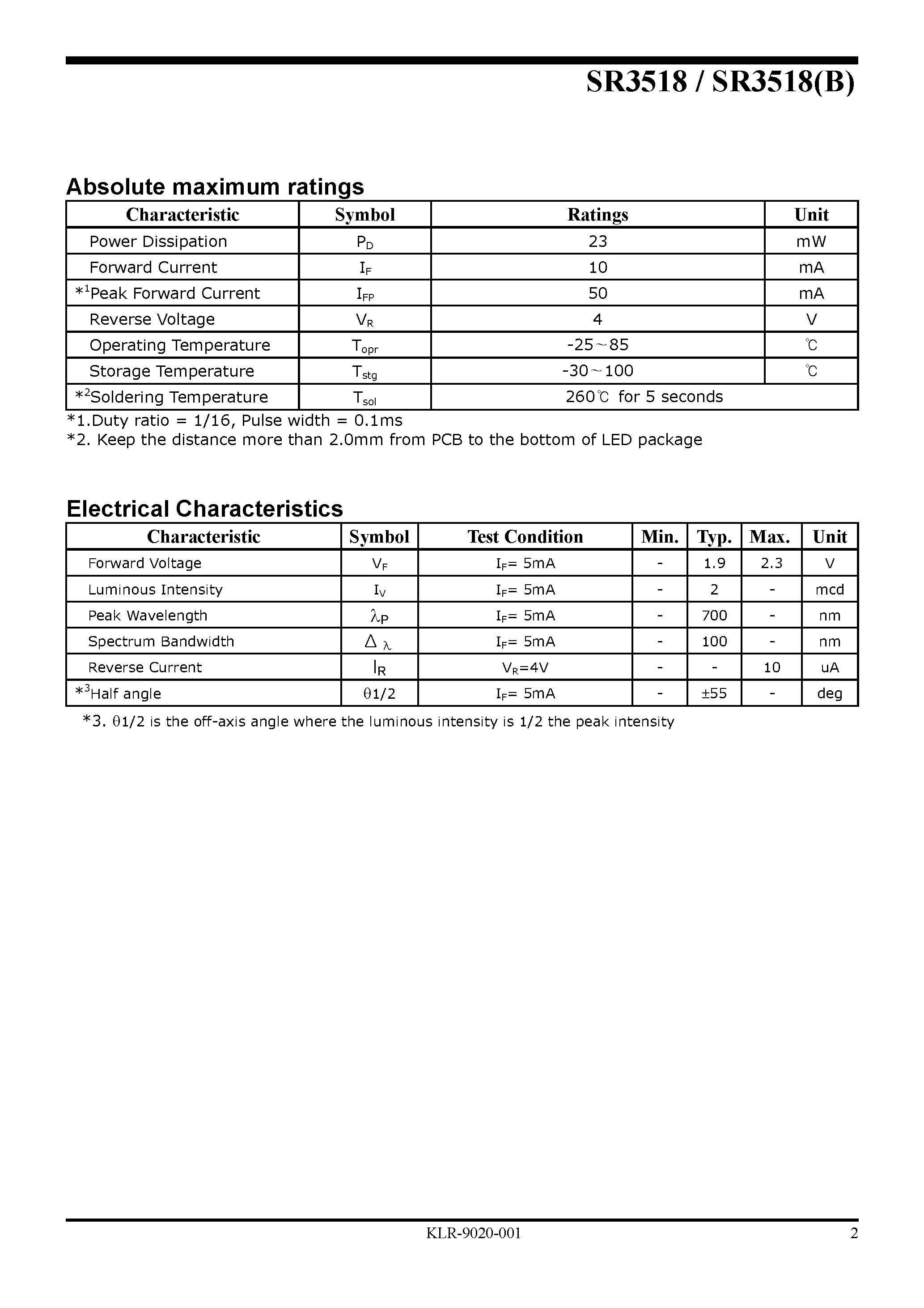 Datasheet SR3518(B) - LED Lamp page 2