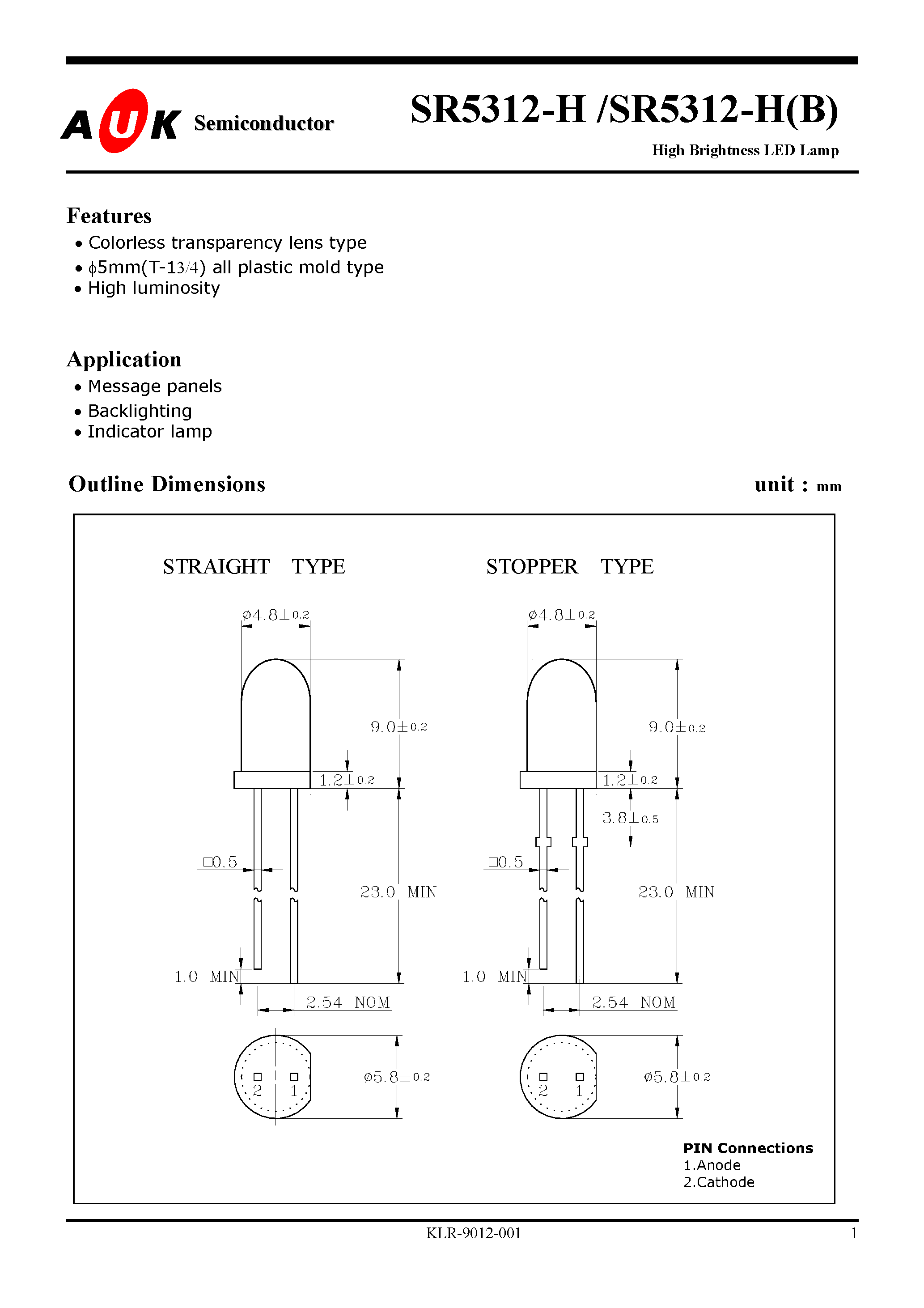 Даташит SR5312-H - High Brightness LED Lamp страница 1