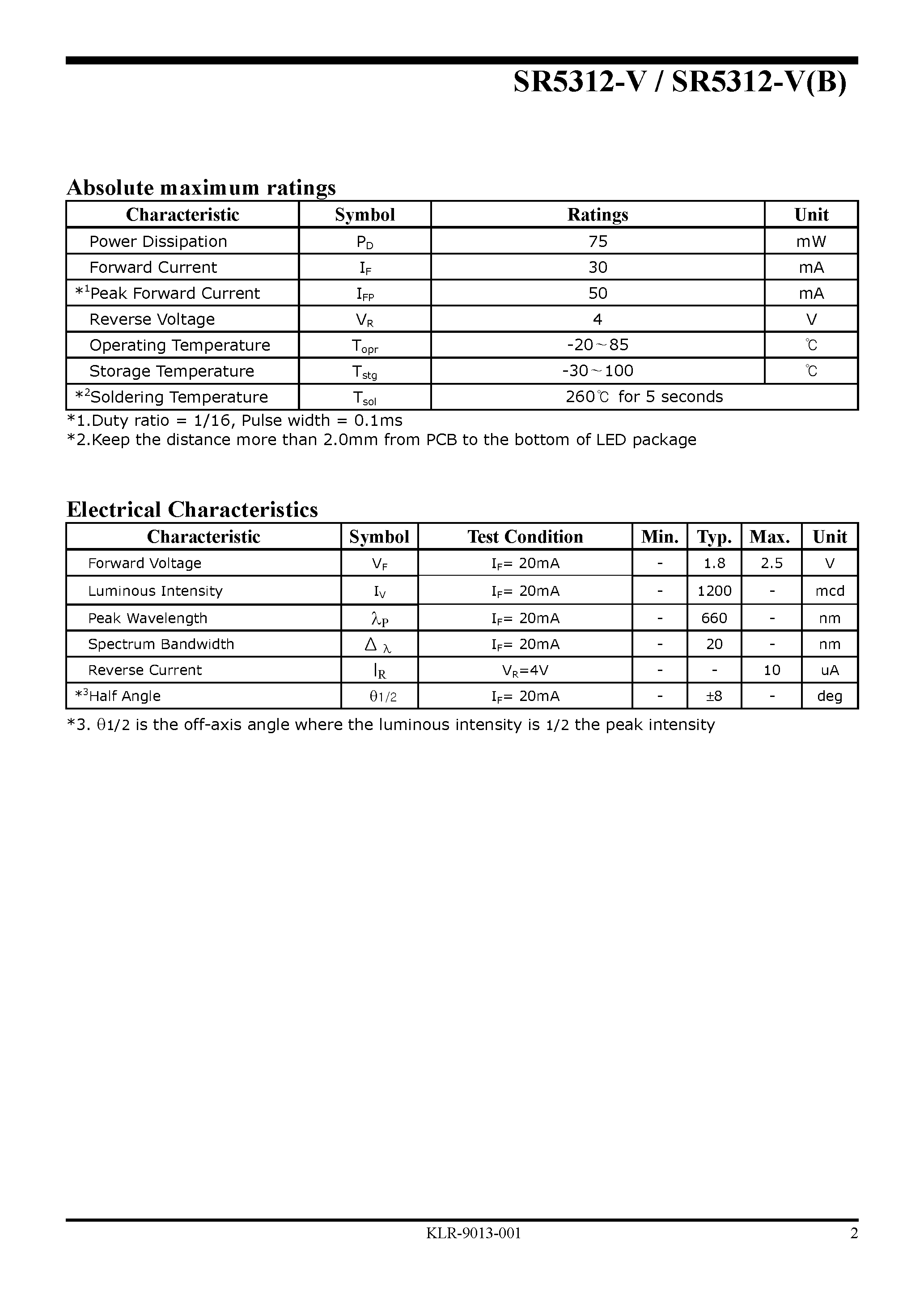 Datasheet SR5312-V - Super Brightness LED Lamp page 2