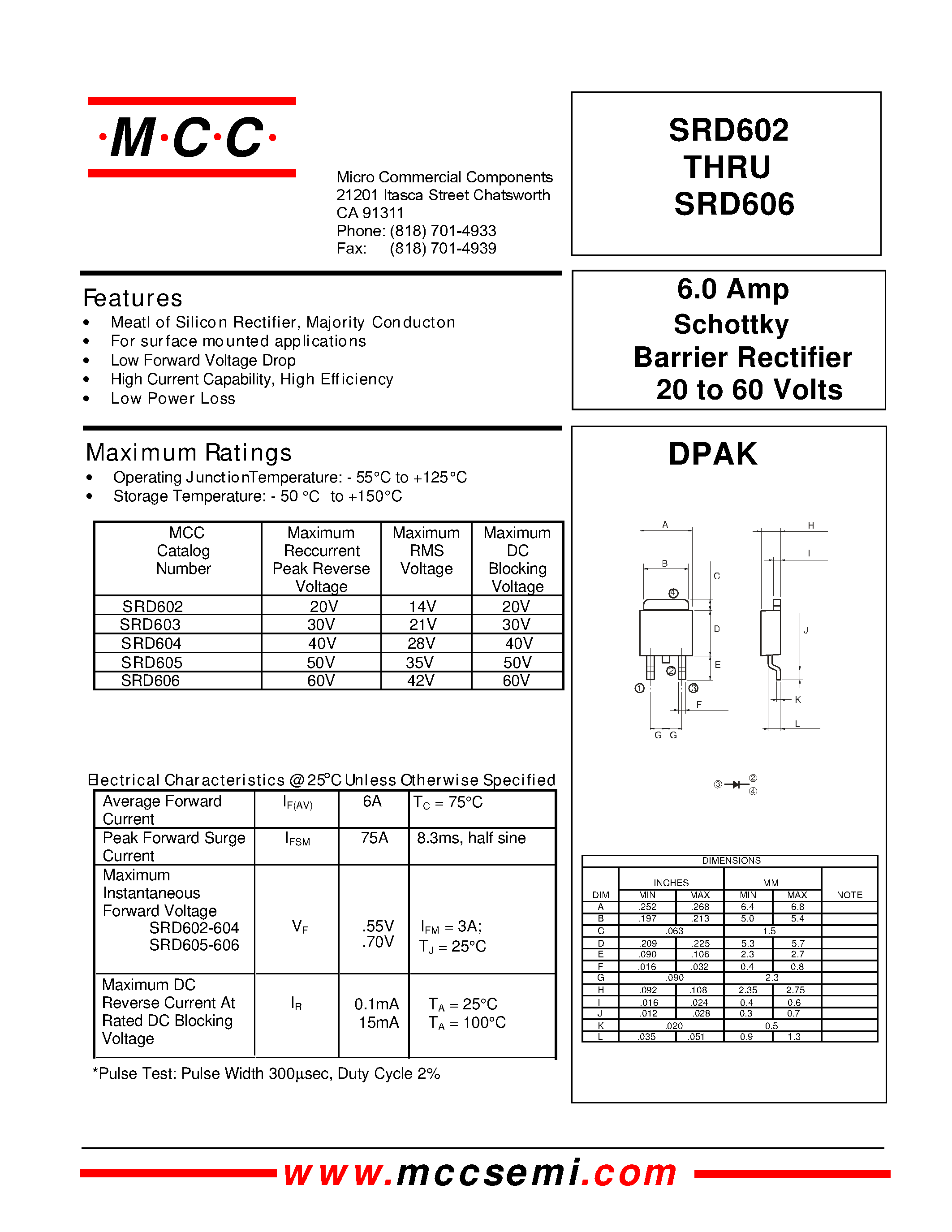 Даташит SRD602 - Schottky Barrier Rectifier 20 to 60 Volts 6.0 Amp страница 1