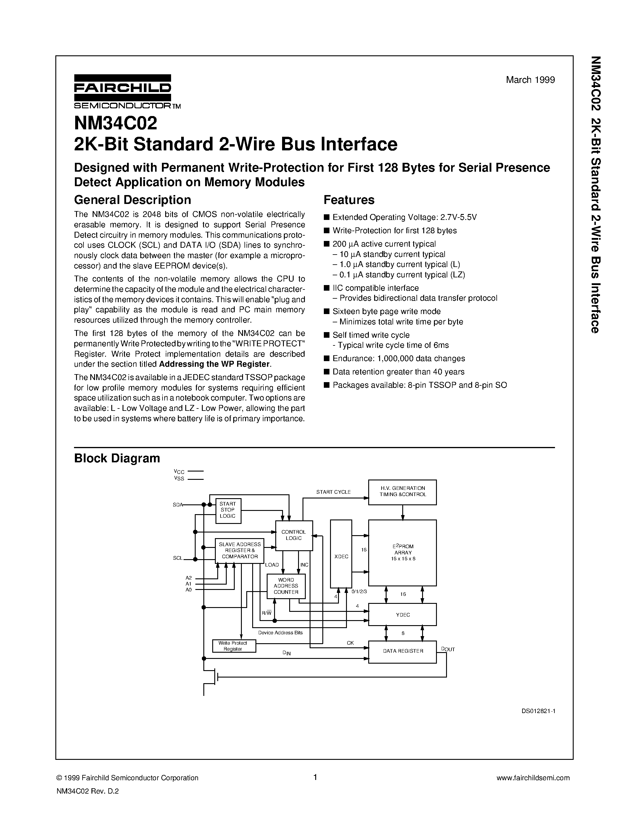 Даташит NM34C02 - 2K-Bit Standard 2-Wire Bus Interface страница 1