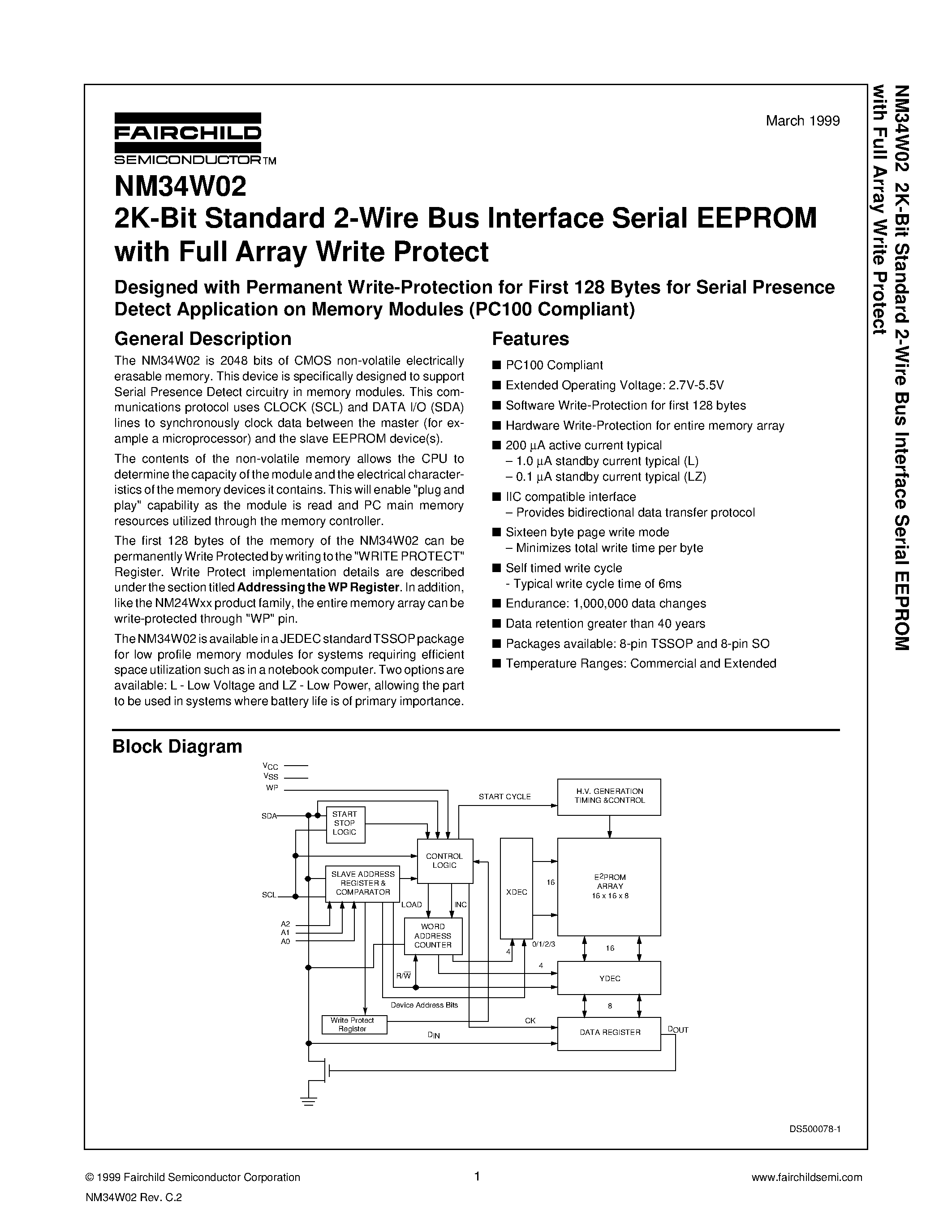 Даташит NM34W02 - 2K-Bit Standard 2-Wire Bus Interface Serial EEPROM with Full Array Write Protect страница 1