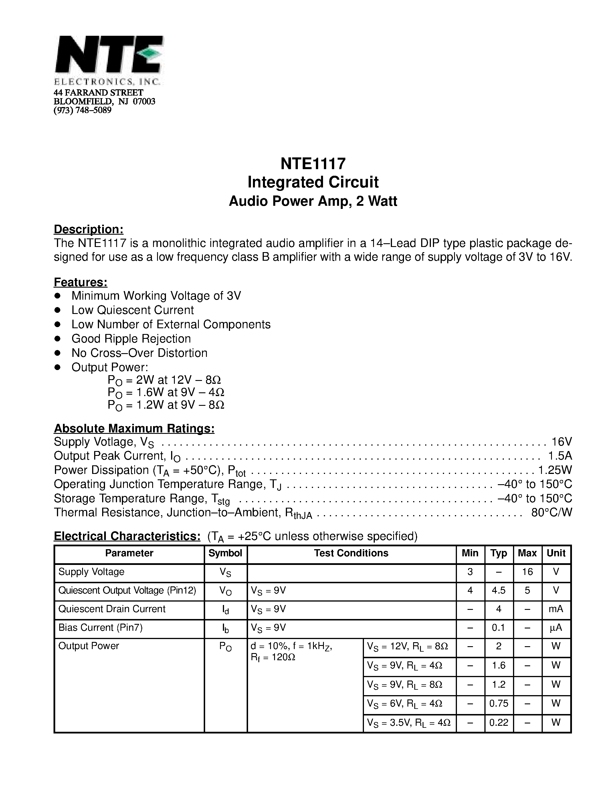 Даташит NTE1117 - Integrated Circuit Audio Power Amp / 2 Watt страница 1