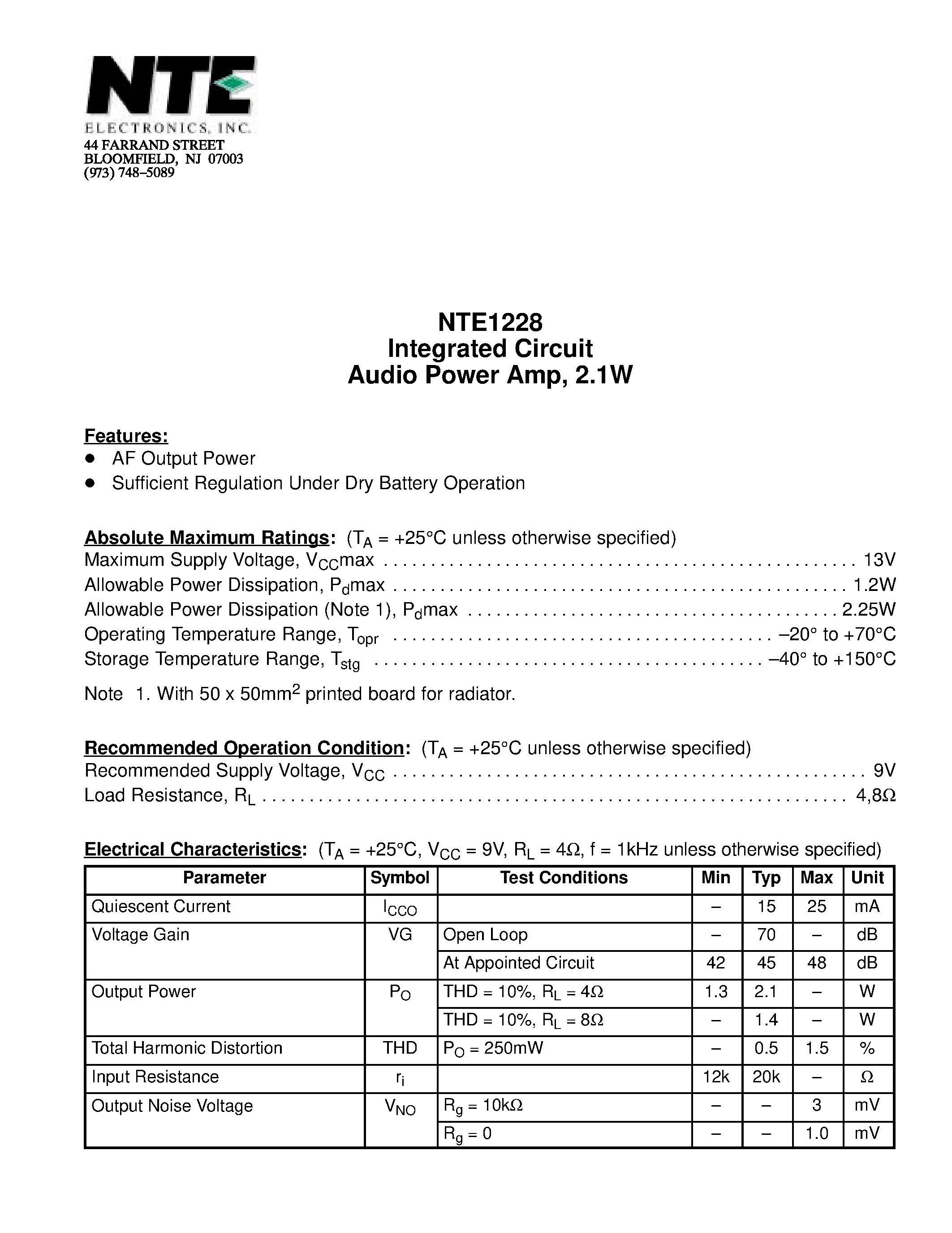 Даташит NTE1228 - Integrated Circuit Audio Power Amp / 2.1W страница 1