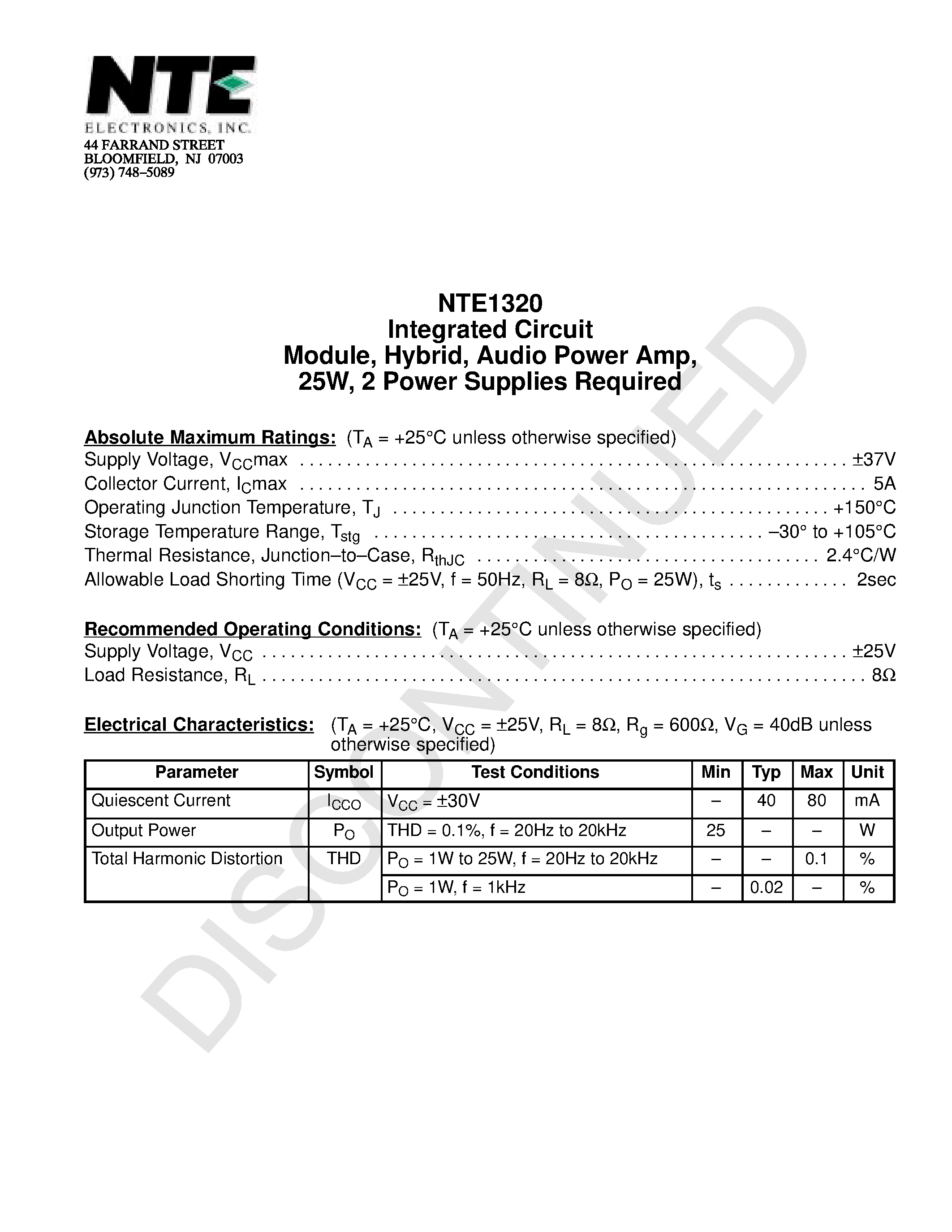 Даташит NTE1320 - Integrated Circuit Module / Hybrid / Audio Power Amp / 25W / 2 Power Supplies Required страница 1