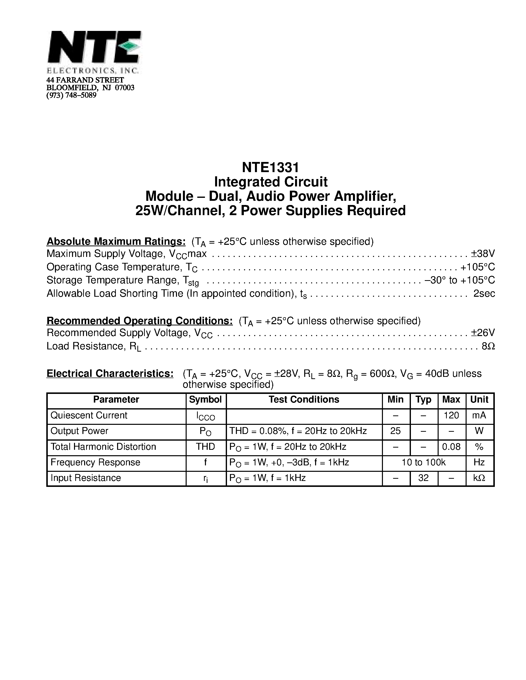 Даташит NTE1331 - Integrated Circuit Module - Dual / Audio Power Amplifier / 25W/Channel / 2 Power Supplies Required страница 1