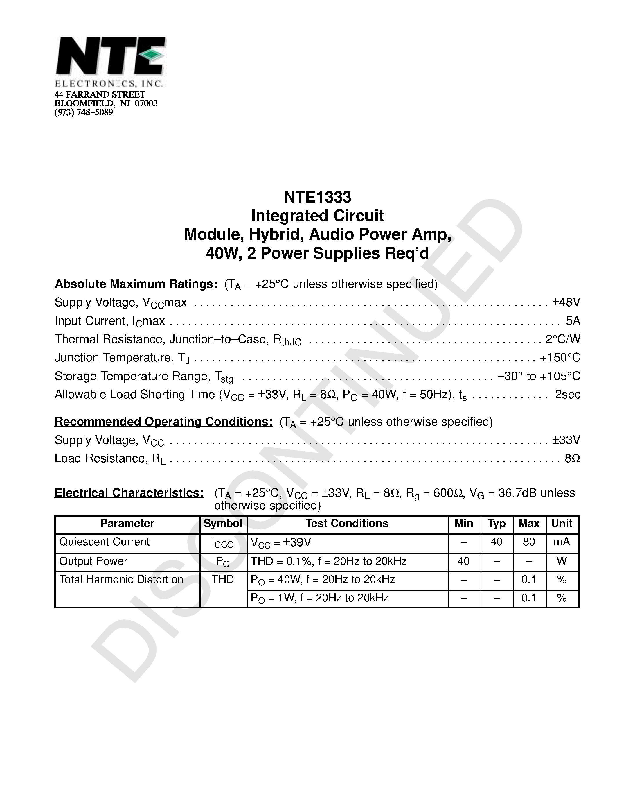 Даташит NTE1333 - Integrated Circuit Module / Hybrid / Audio Power Amp / 40W / 2 Power Supplies Reqd страница 1