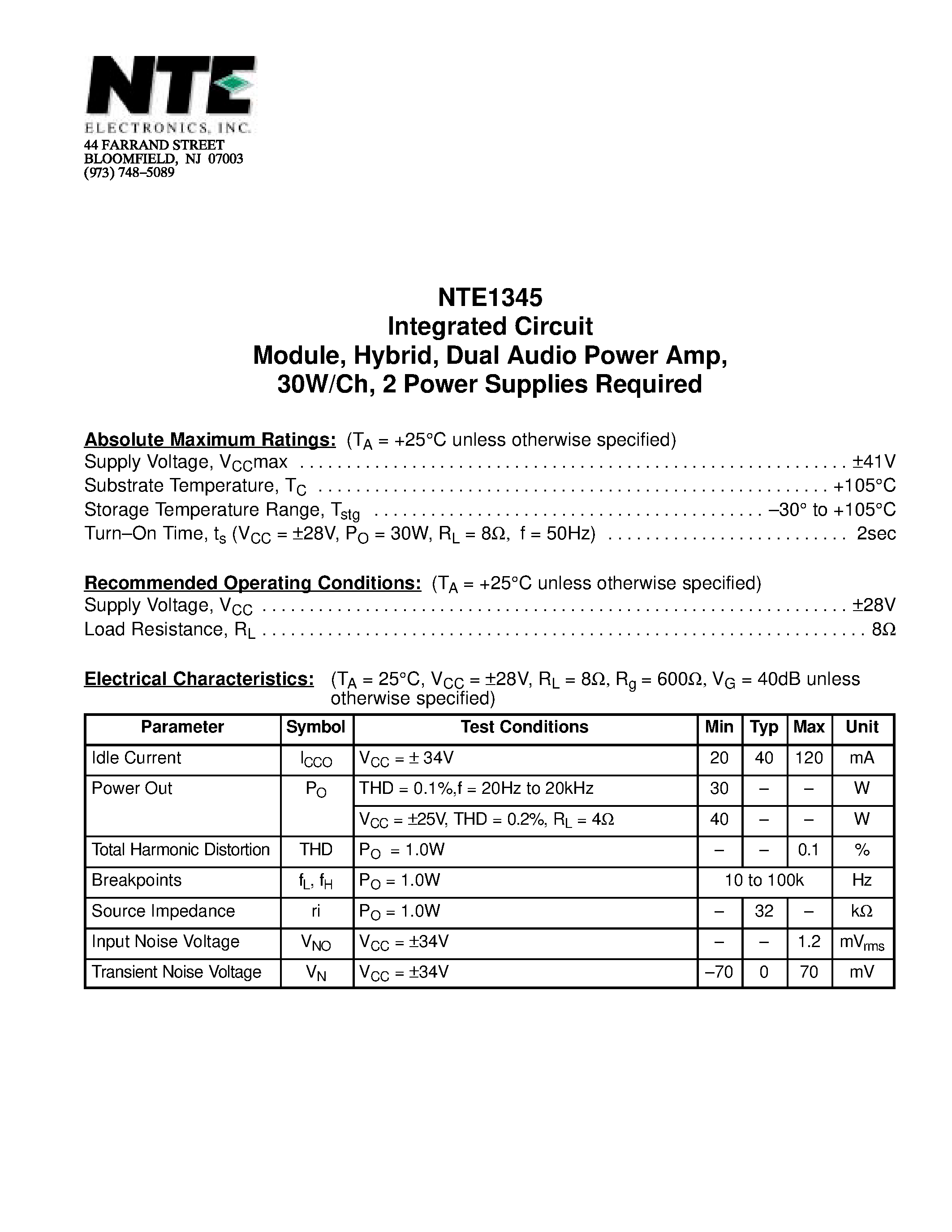 Даташит NTE1345 - Integrated Circuit Module / Hybrid / Dual Audio Power Amp / 30W/Ch / 2 Power Supplies Required страница 1