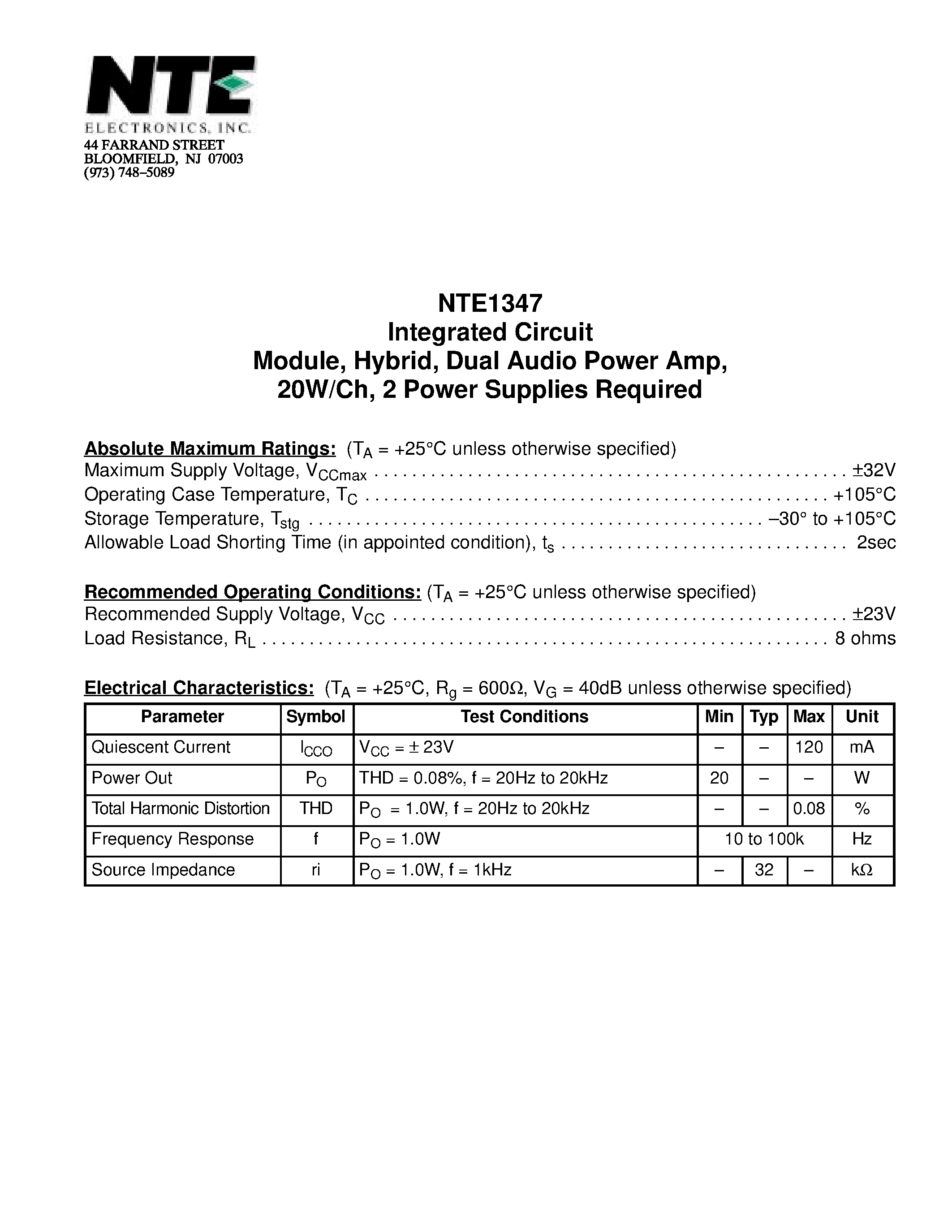 Даташит NTE1347 - Integrated Circuit Module / Hybrid / Dual Audio Power Amp / 20W/Ch / 2 Power Supplies Required страница 1