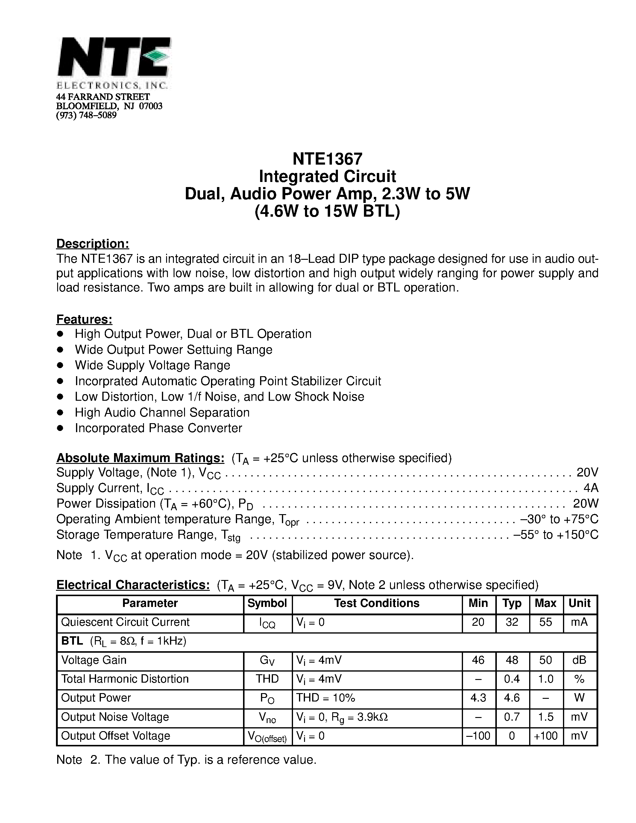 Даташит NTE1367 - Integrated Circuit Dual / Audio Power Amp / 2.3W to 5W (4.6W to 15W BTL) страница 1