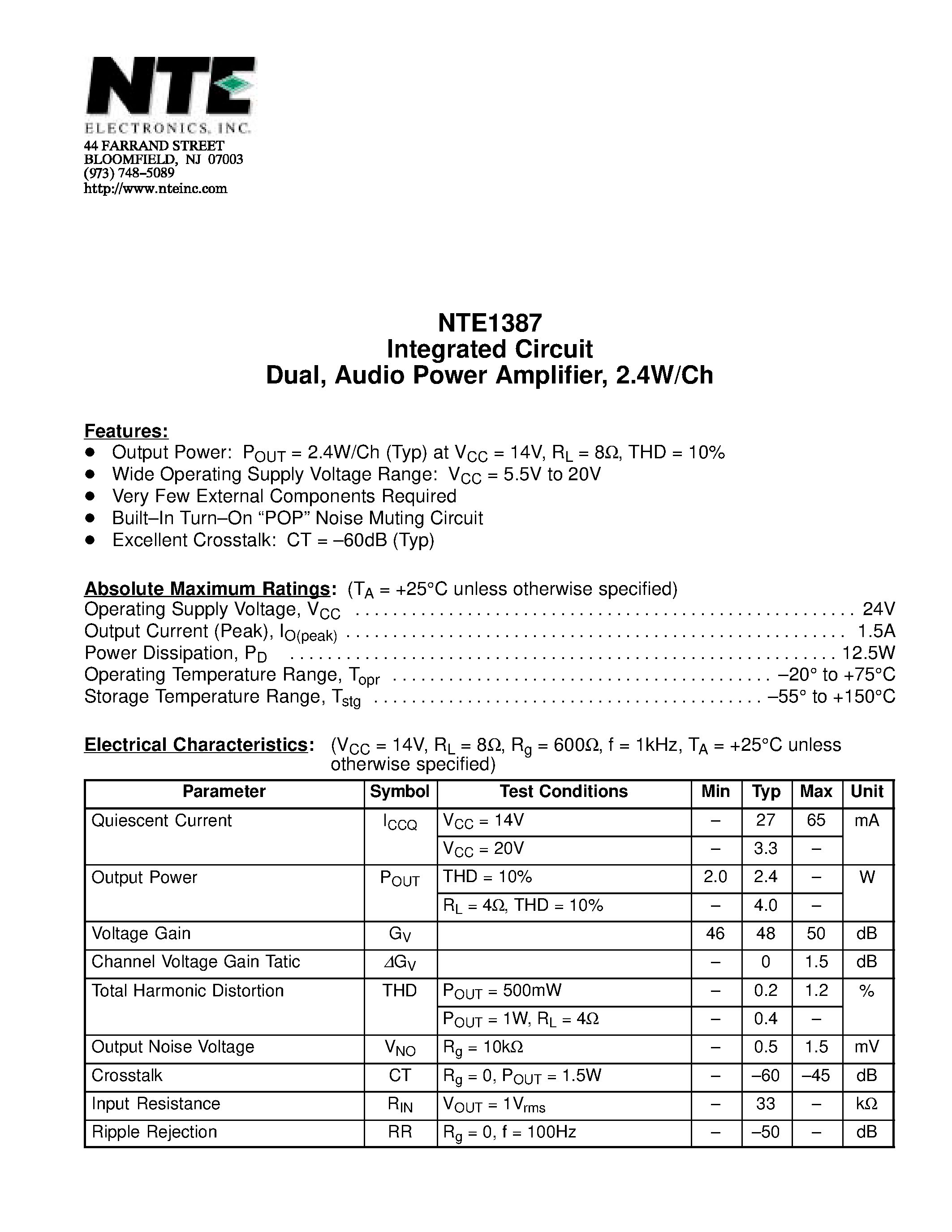 Даташит NTE1387 - Integrated Circuit Dual / Audio Power Amplifier / 2.4W/Ch страница 1