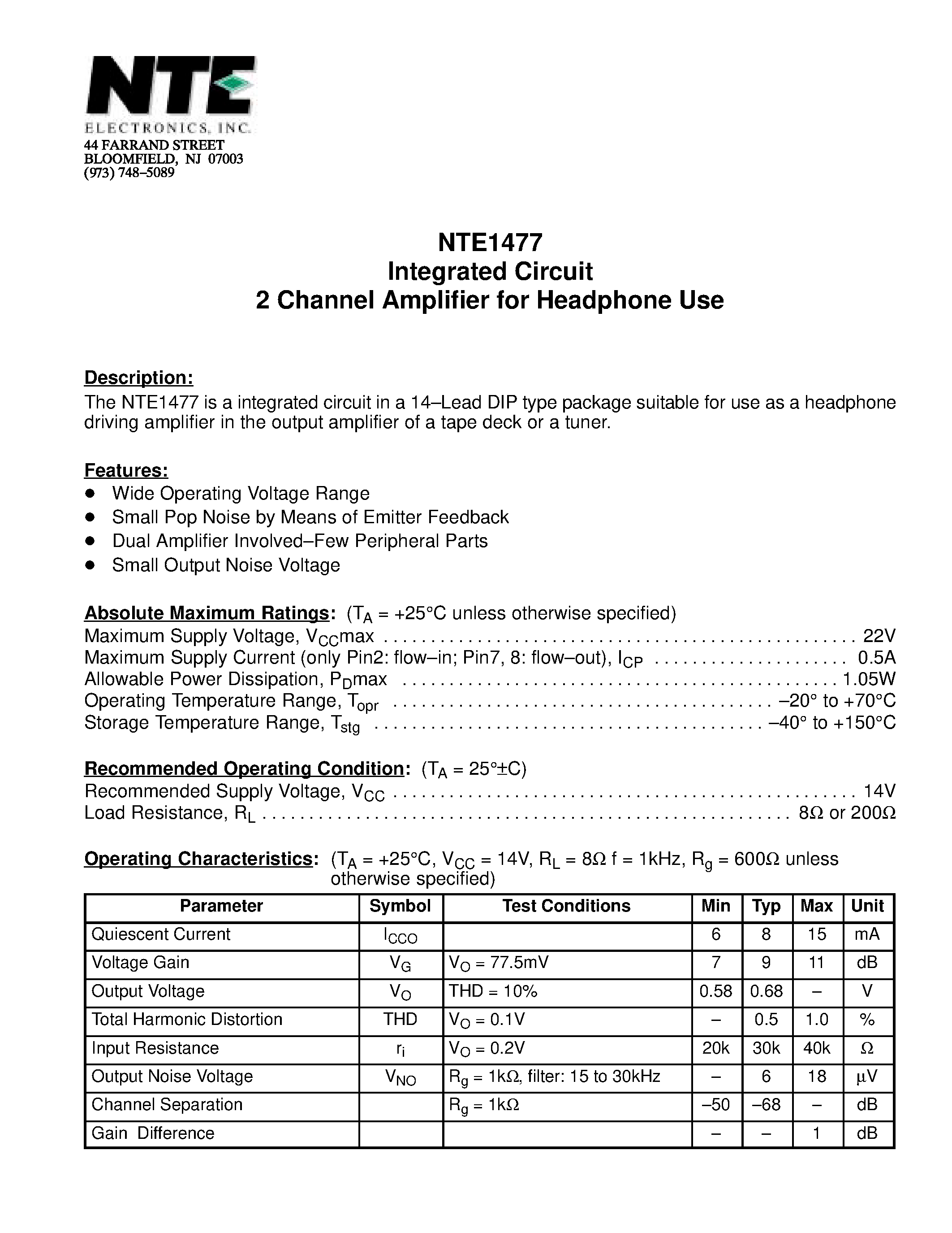 Даташит NTE1477 - Integrated Circuit 2 Channel Amplifier for Headphone Use страница 1