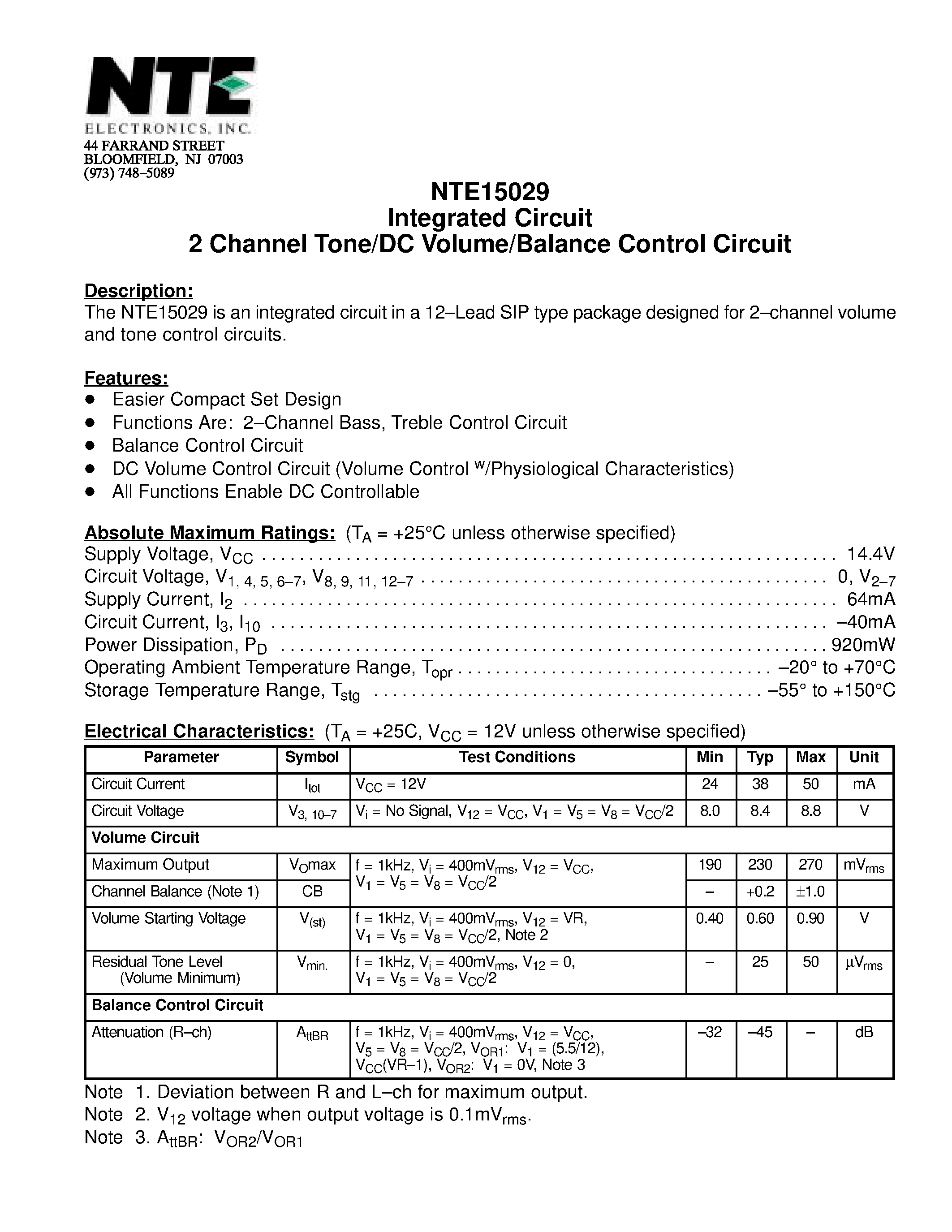 Даташит NTE15029 - Integrated Circuit 2 Channel Tone/DC Volume/Balance Control Circuit страница 1