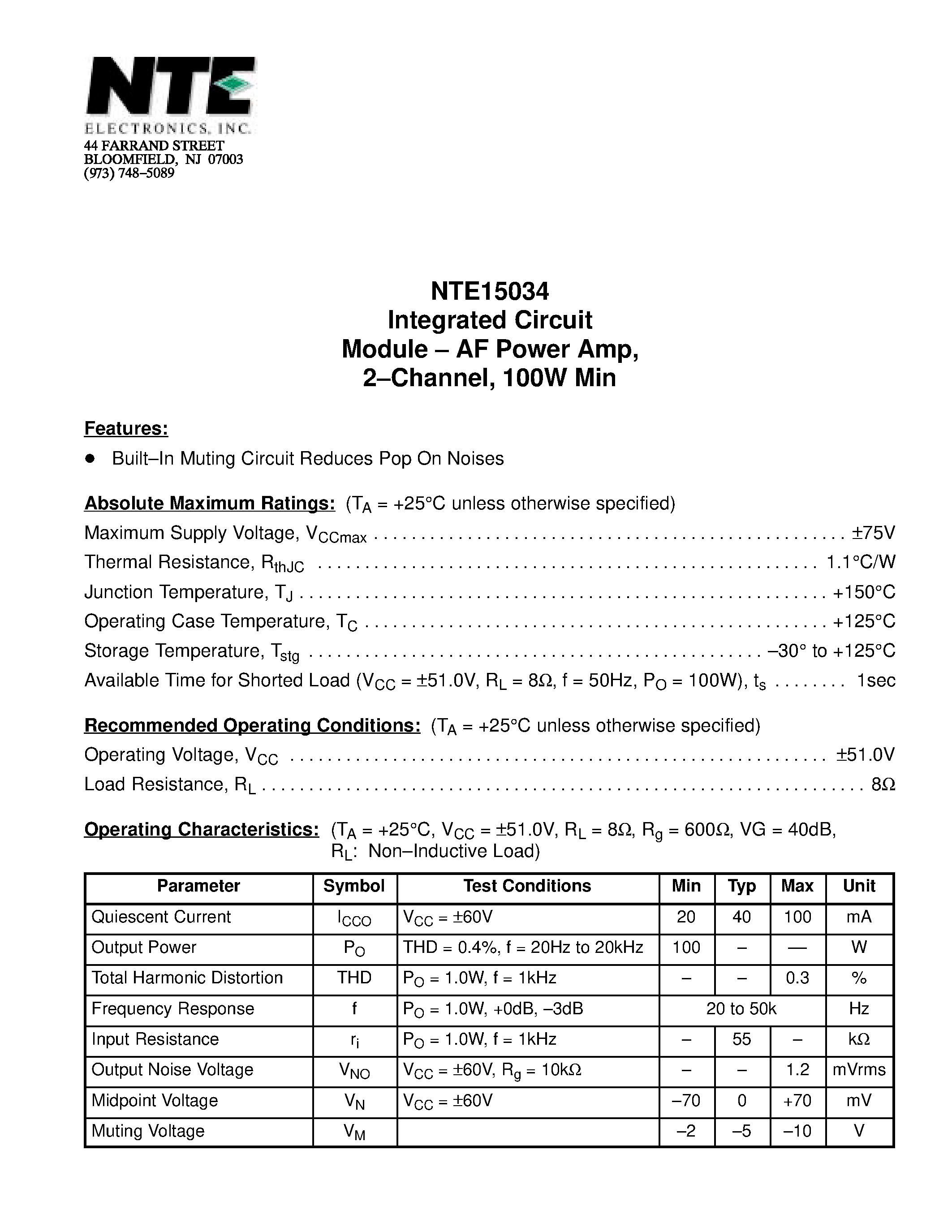 Даташит NTE15034 - Integrated Circuit Module - AF Power Amp / 2-Channel / 100W Min страница 1