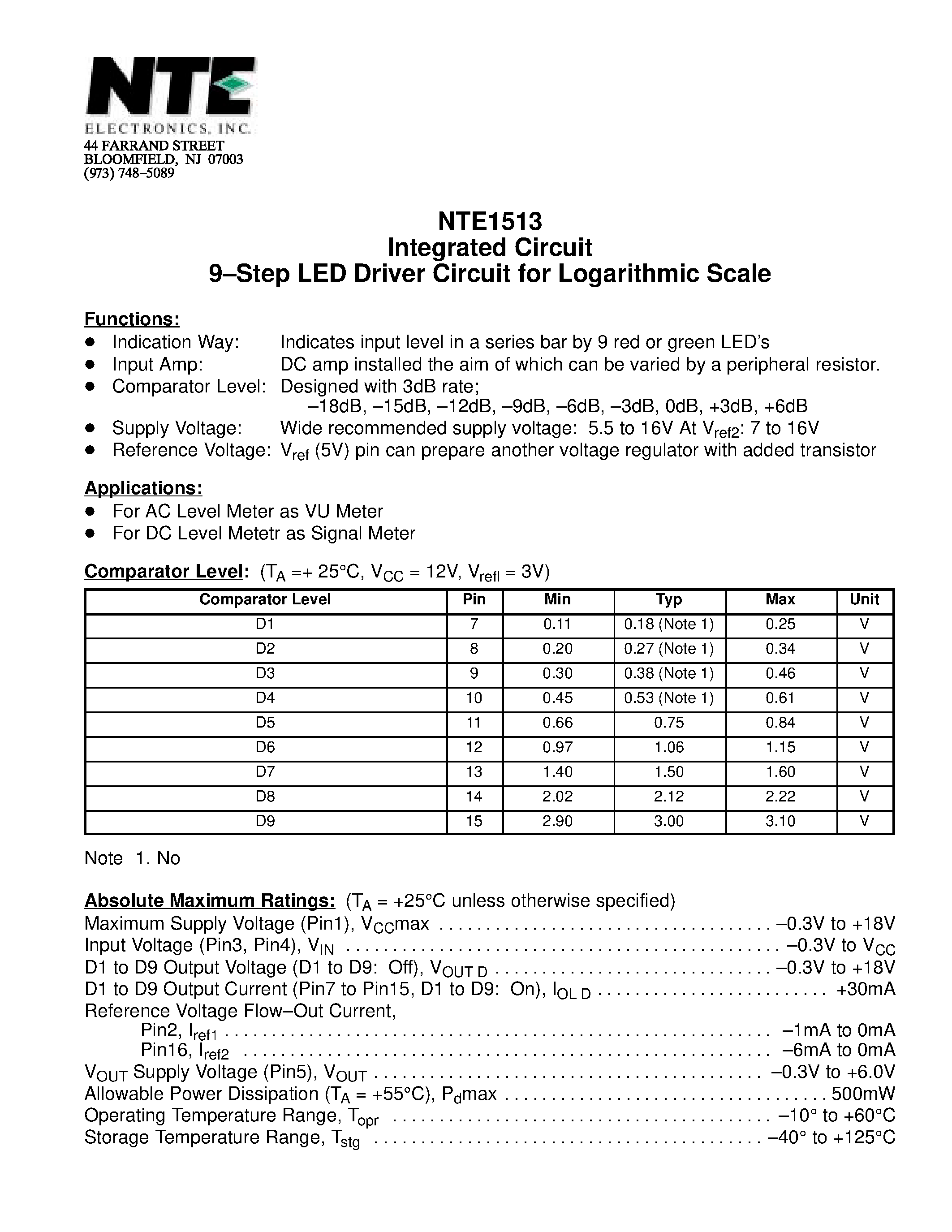 Даташит NTE1513 - Integrated Circuit 9-Step LED Driver Circuit for Logarithmic Scale страница 1