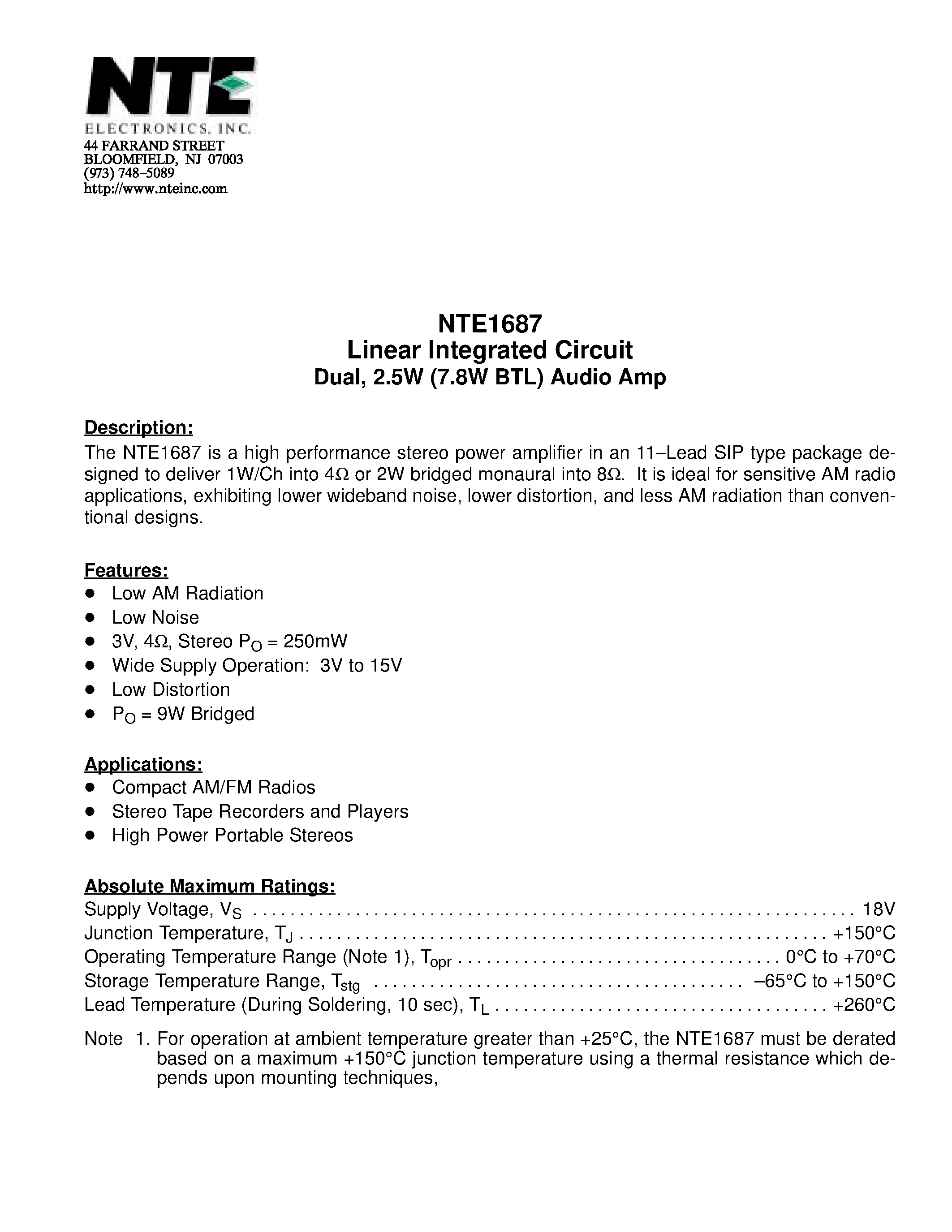 Даташит NTE1687 - Linear Integrated Circuit Dual / 2.5W (7.8W BTL) Audio Amp страница 1