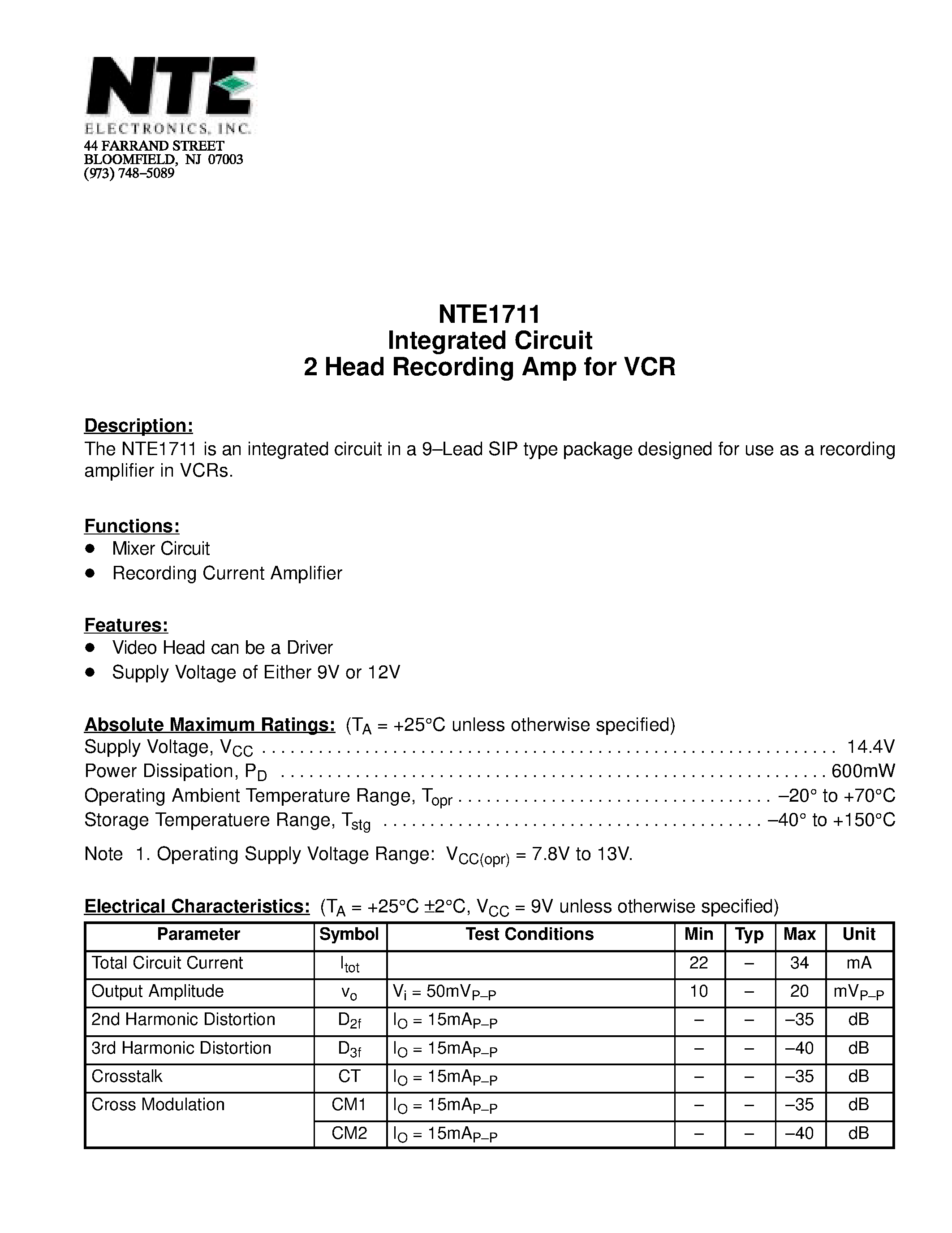 Даташит NTE1711 - Integrated Circuit 2 Head Recording Amp for VCR страница 1