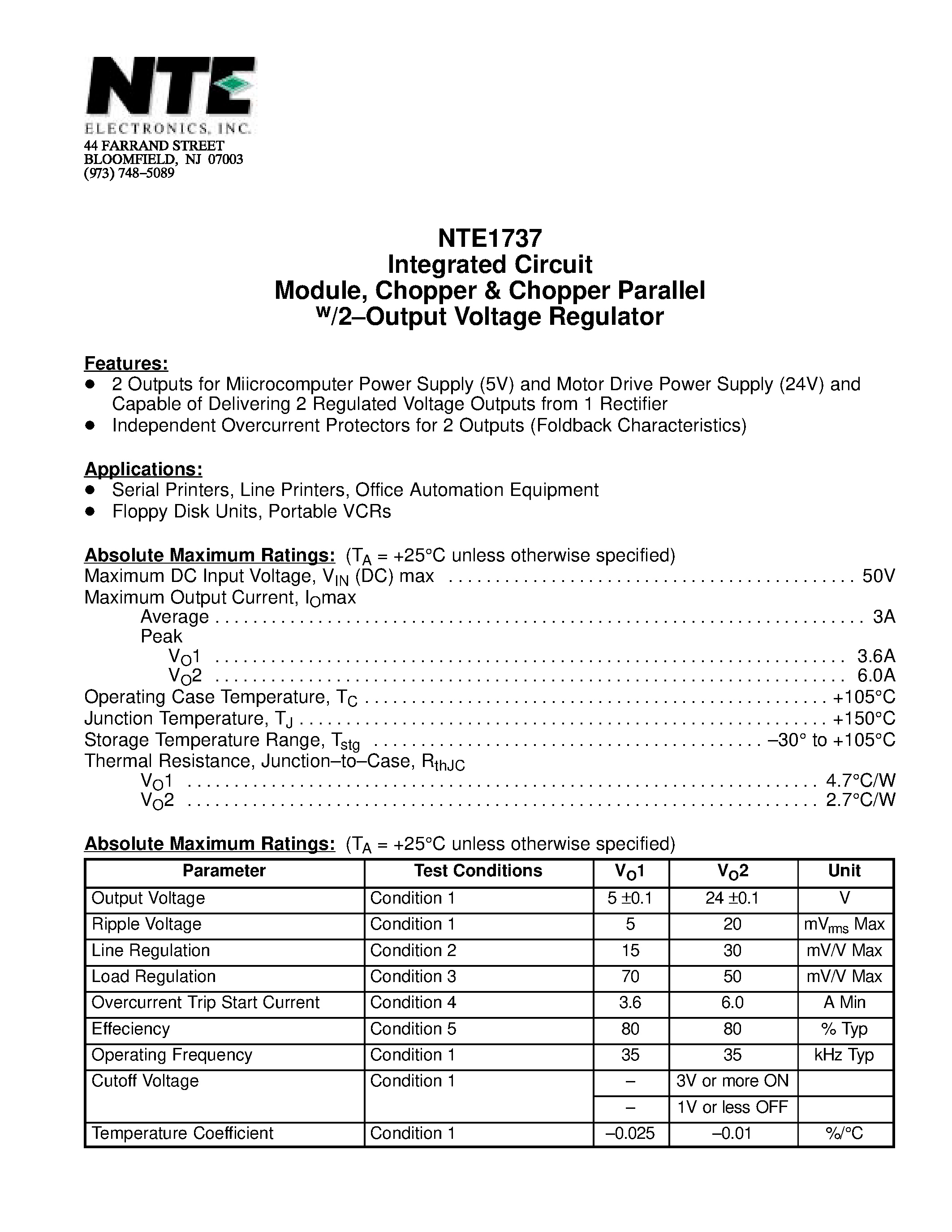 Даташит NTE1737 - Integrated Circuit Module / Chopper & Chopper Parallel w/2-Output Voltage Regulator страница 1