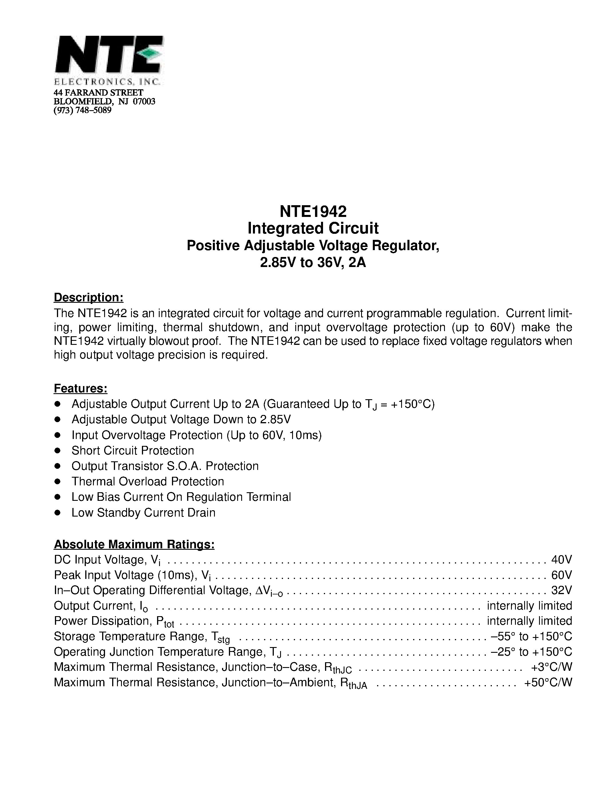 Даташит NTE1942 - Integrated Circuit Positive Adjustable Voltage Regulator / 2.85V to 36V / 2A страница 1