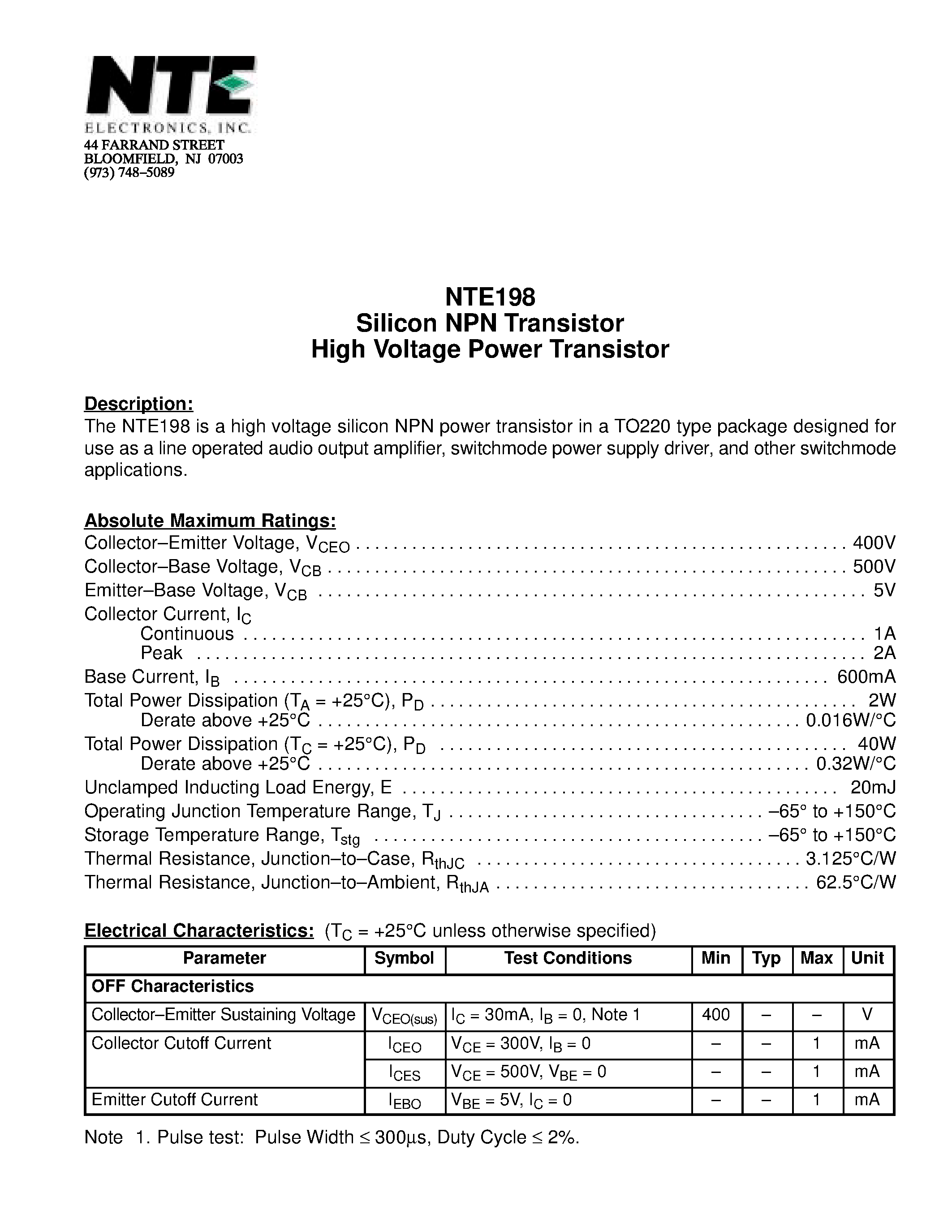 Даташит NTE198 - Silicon NPN Transistor High Voltage Power Transistor страница 1