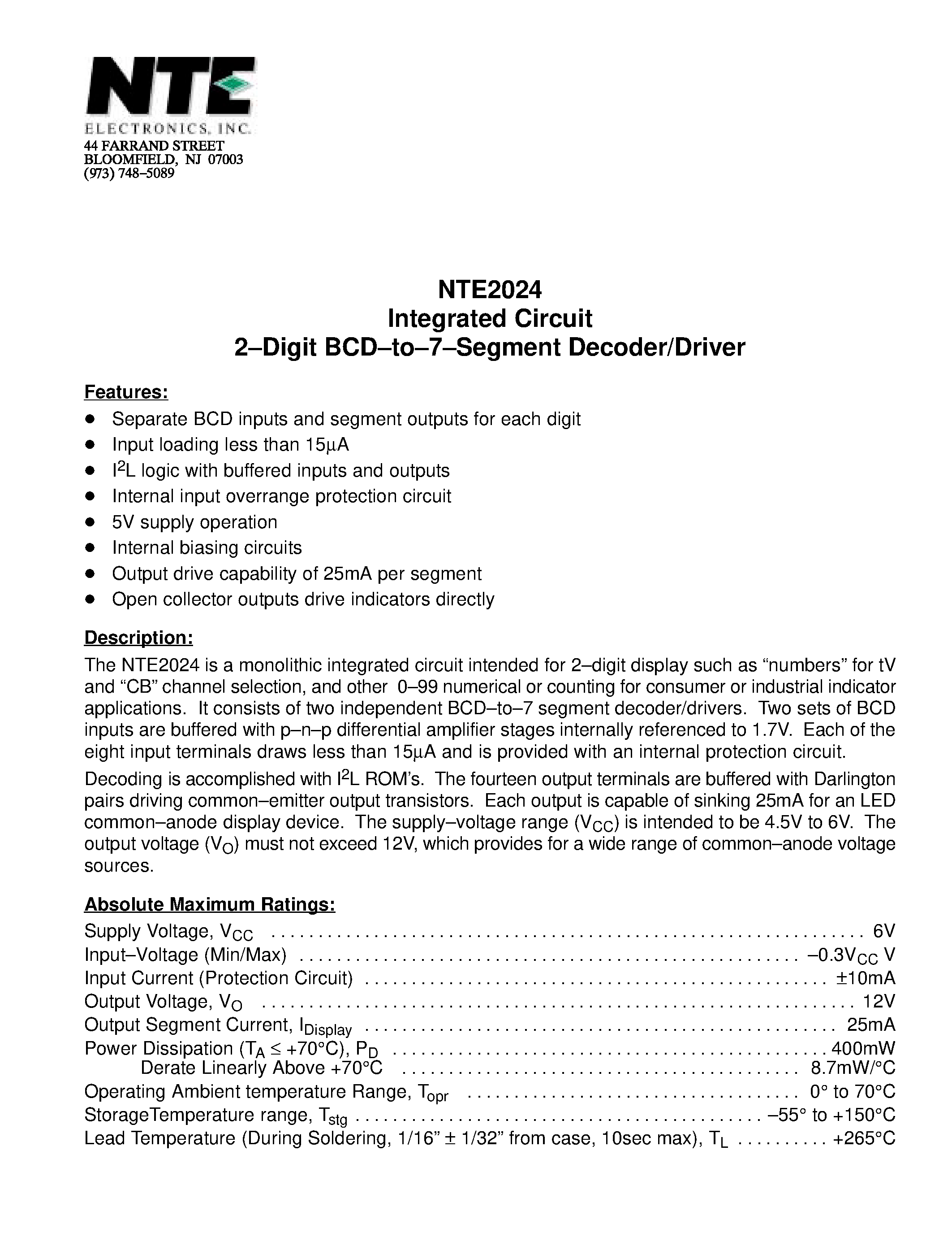 Даташит NTE2024 - Integrated Circuit 2-Digit BCD-to-7-Segment Decoder/Driver страница 1