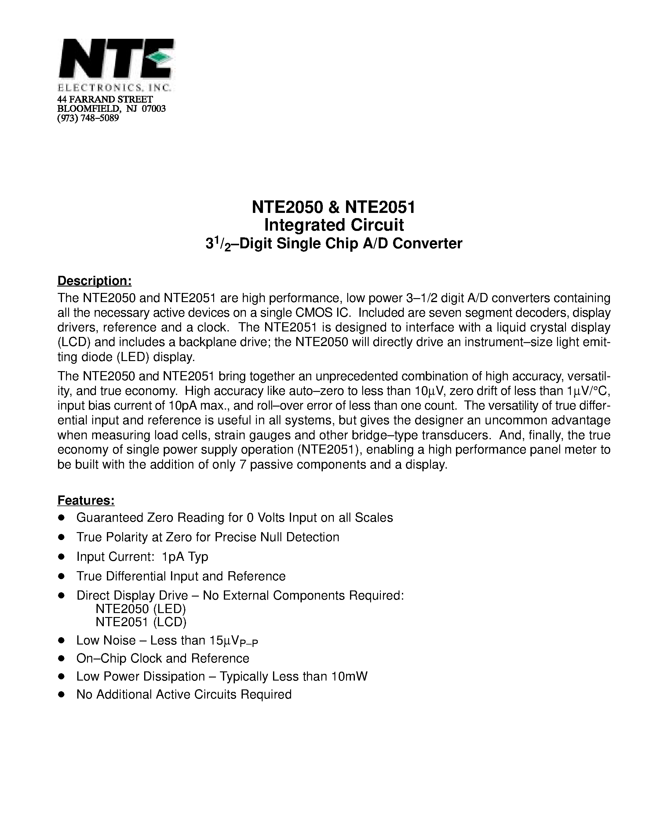 Даташит NTE2050 - Integrated Circuit 31/2-Digit Single Chip A/D Converter страница 1