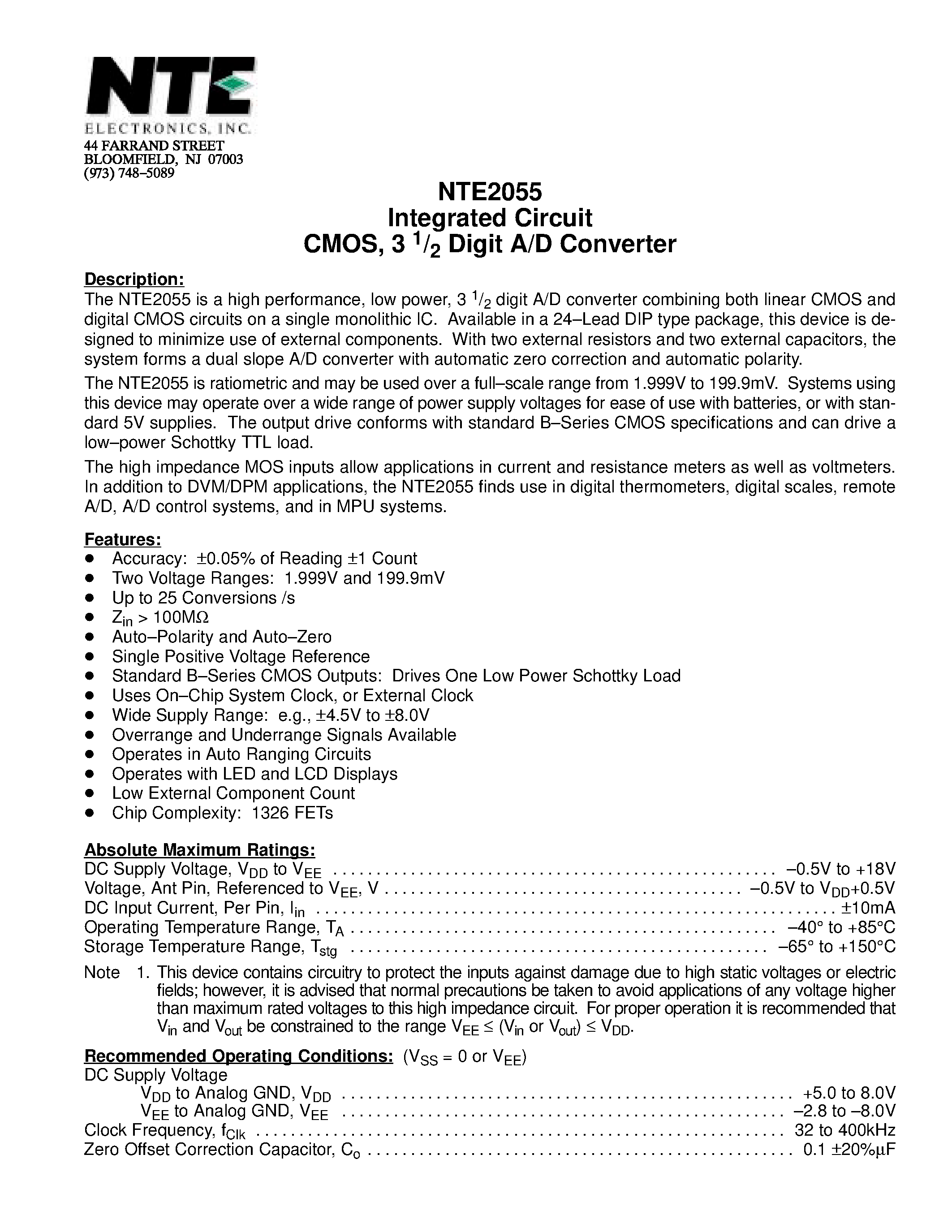 Даташит NTE2055 - Integrated Circuit CMOS / 3 1/2 Digit A/D Converter страница 1