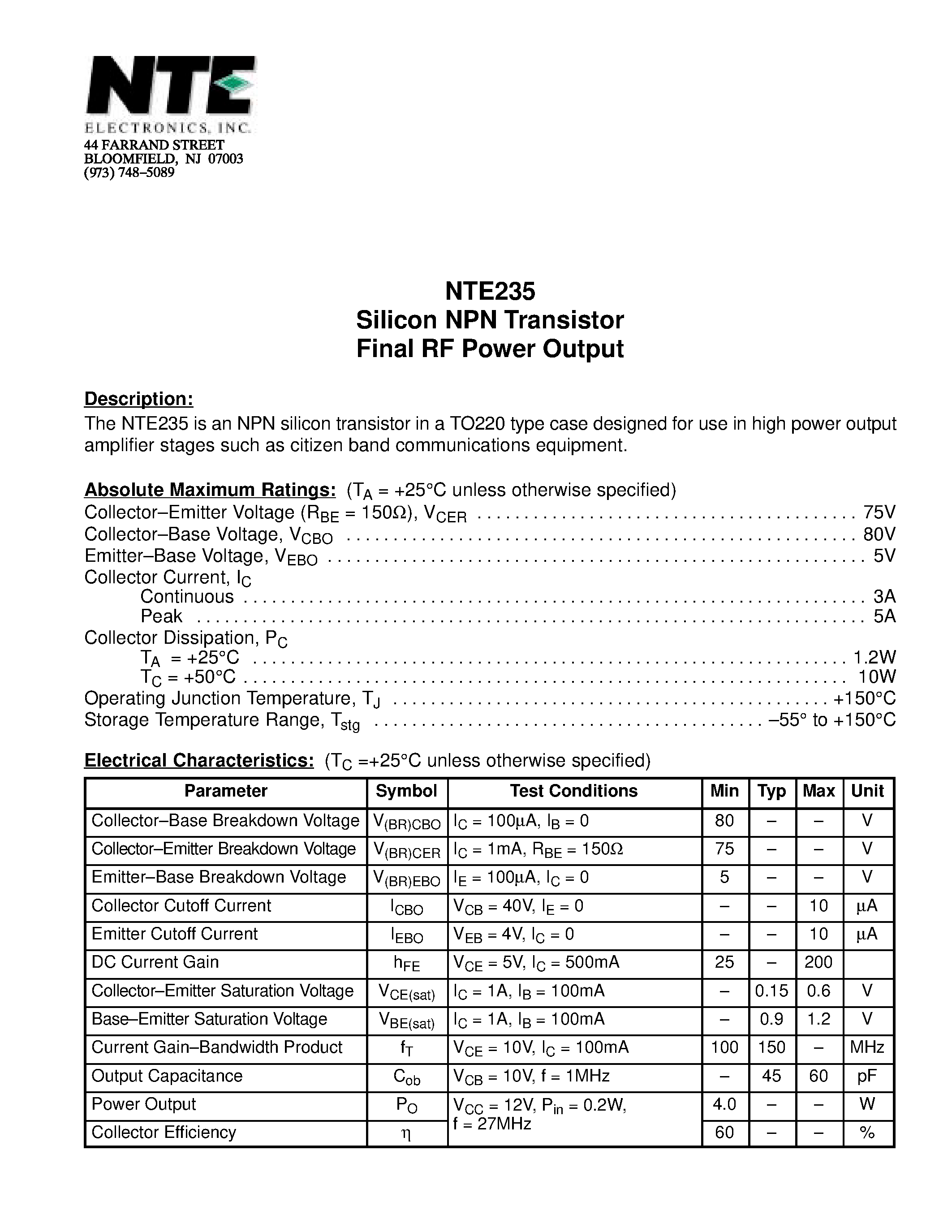 Даташит NTE235 - Silicon NPN Transistor Final RF Power Output страница 1