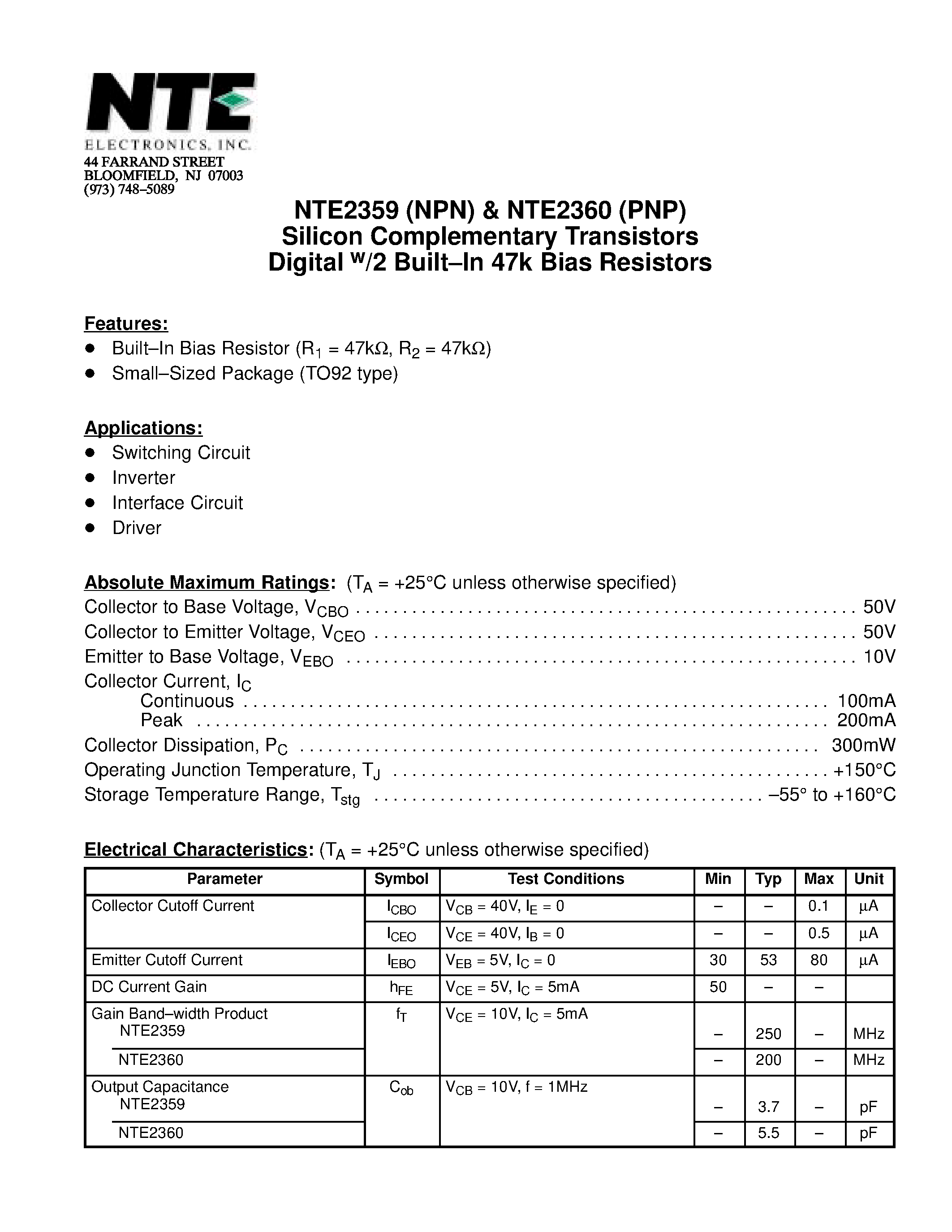 Даташит NTE2359 - Silicon Complementary Transistors Digital w/2 Built-In 47k Bias Resistors страница 1