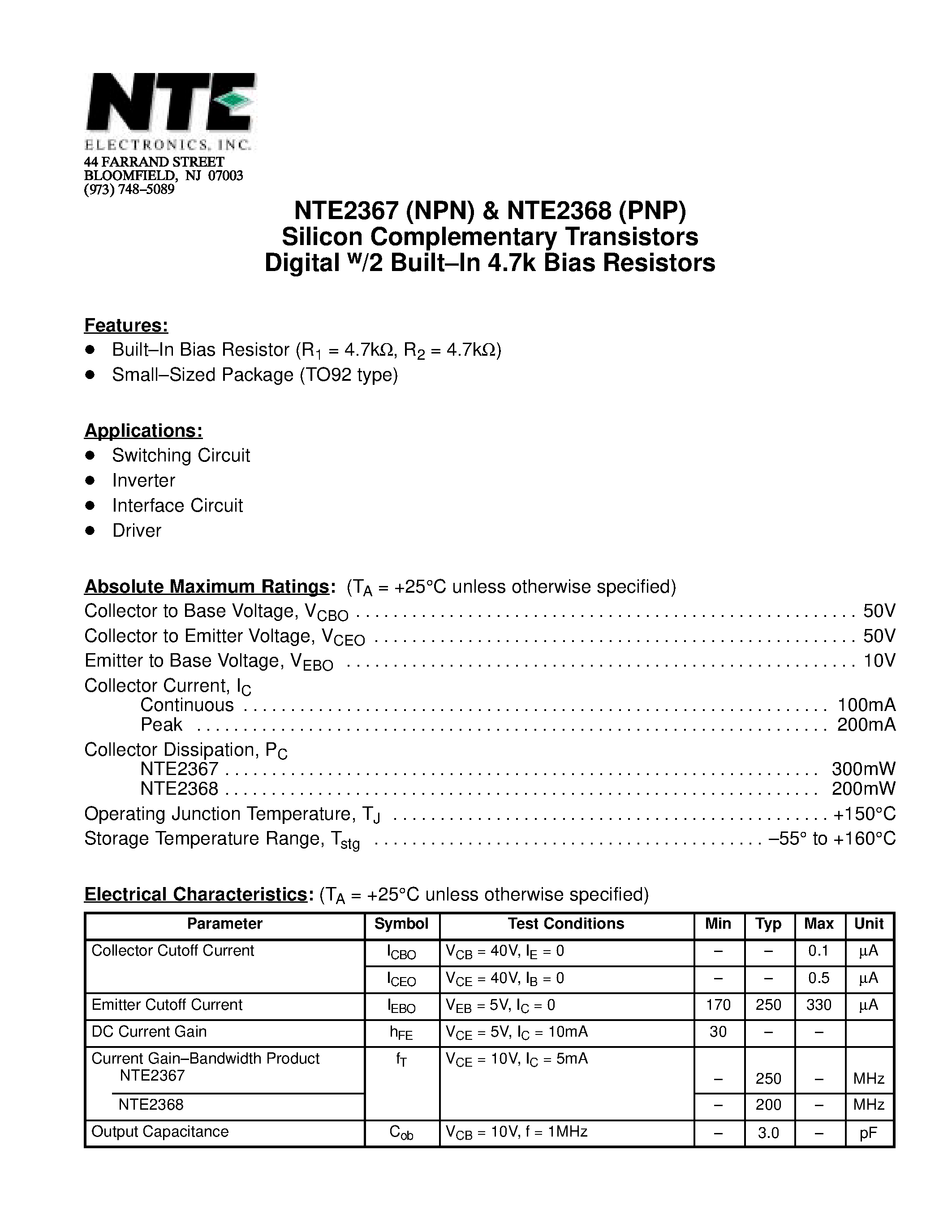 Даташит NTE2367 - Silicon Complementary Transistors Digital w/2 Built-In 4.7k Bias Resistors страница 1