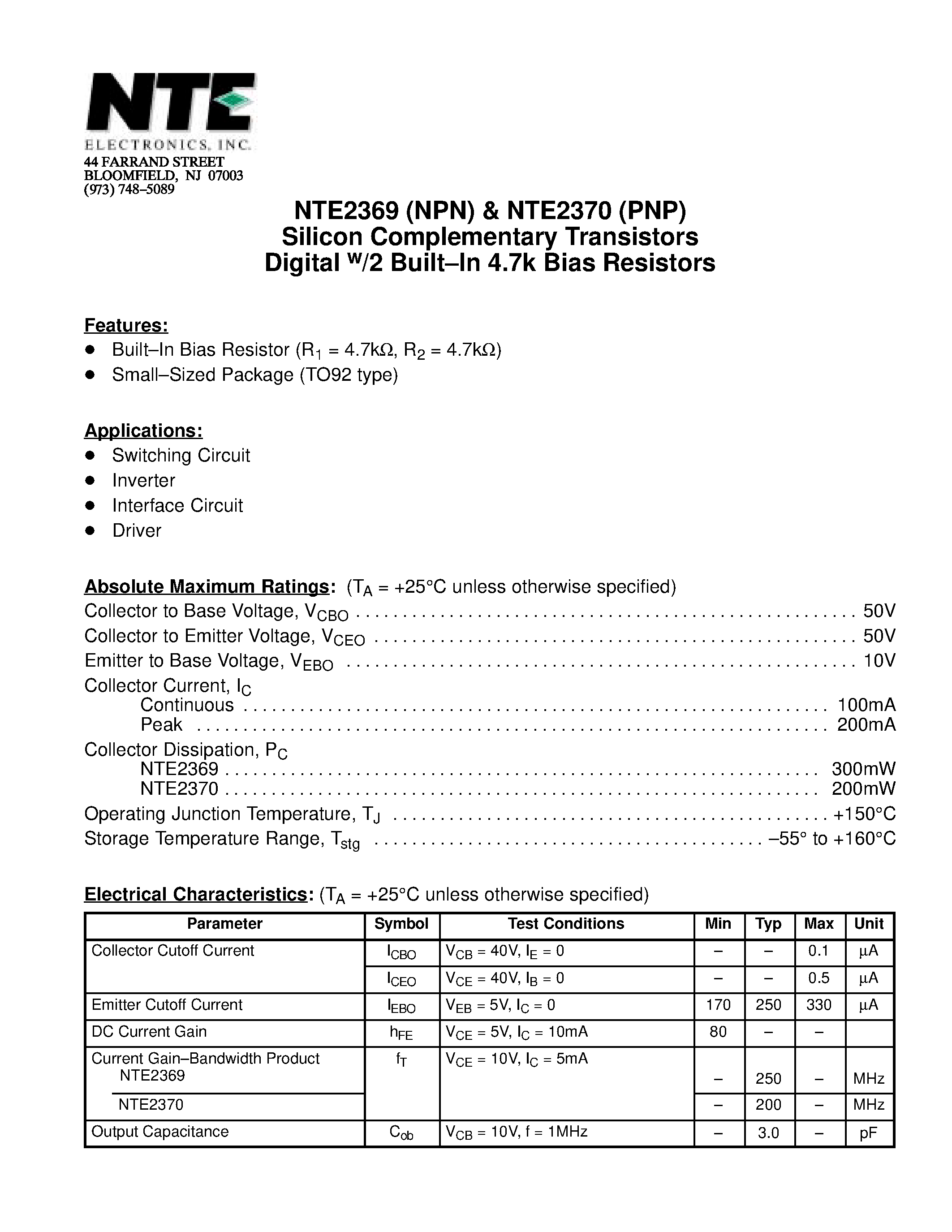 Даташит NTE2369 - Silicon Complementary Transistors Digital w/2 Built-In 4.7k Bias Resistors страница 1