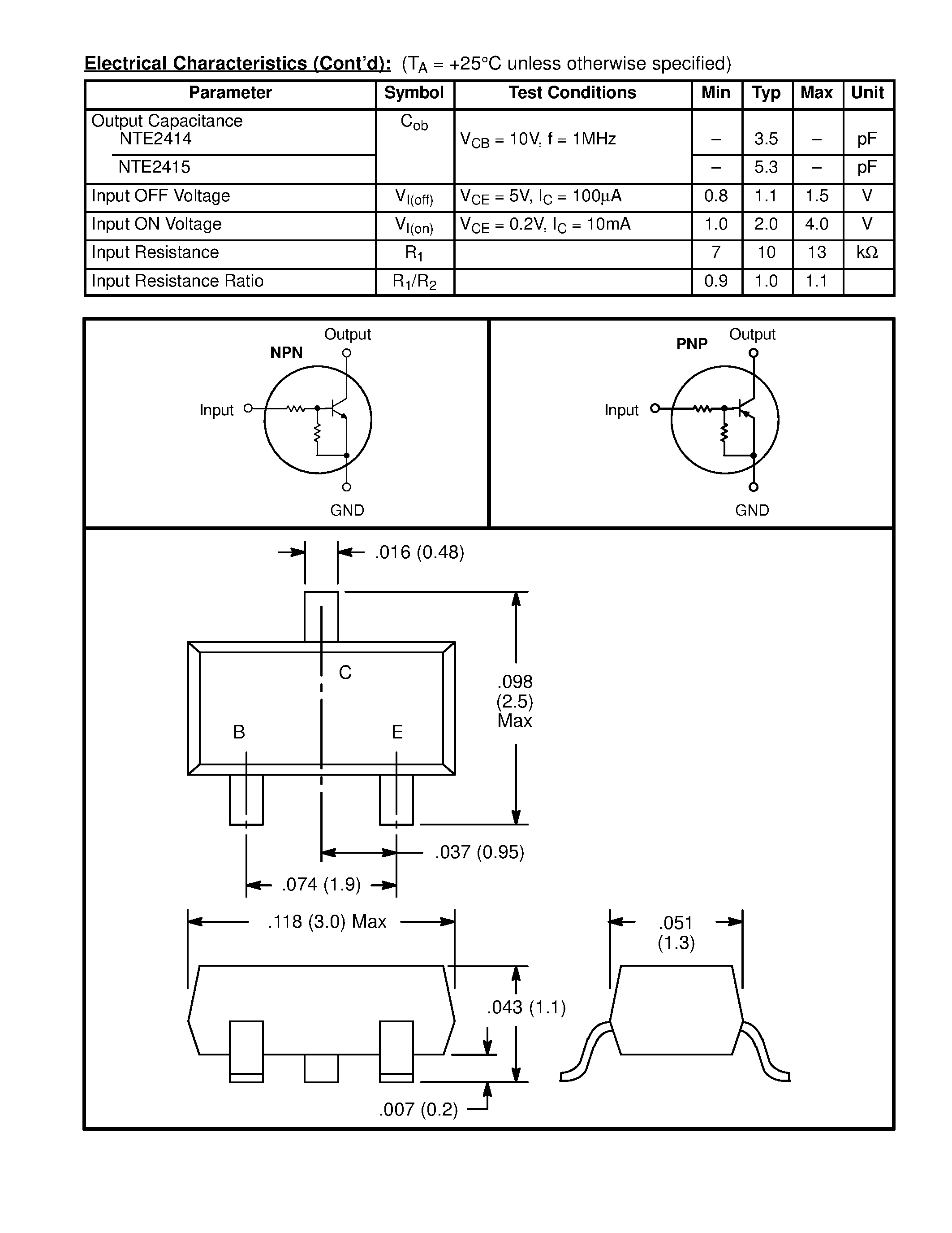 Даташит NTE2414 - Silicon Complementary Transistors Digital w/2 Built-In Bias 10k Resistors (Surface Mount) страница 2