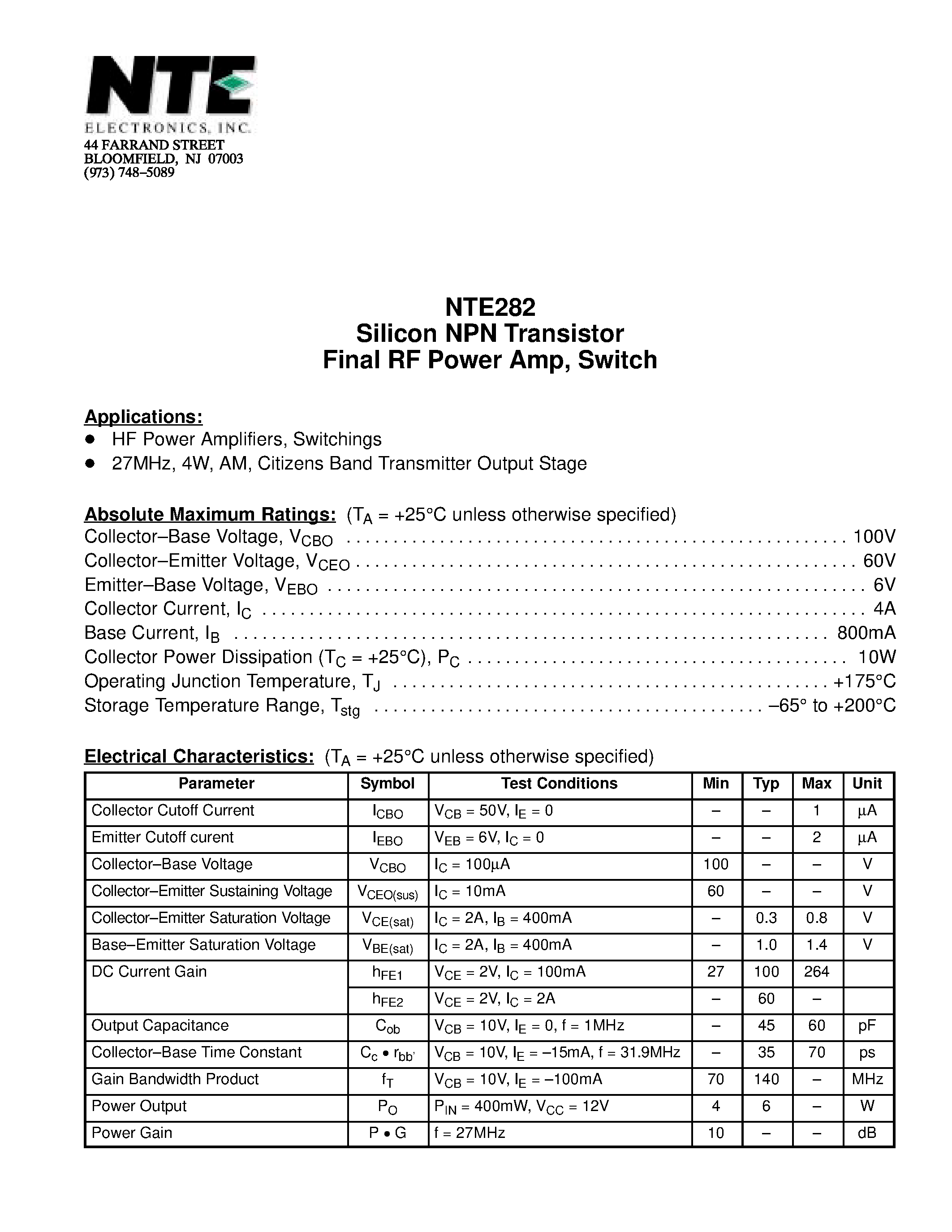 Даташит NTE282 - Silicon NPN Transistor Final RF Power Amp / Switch страница 1