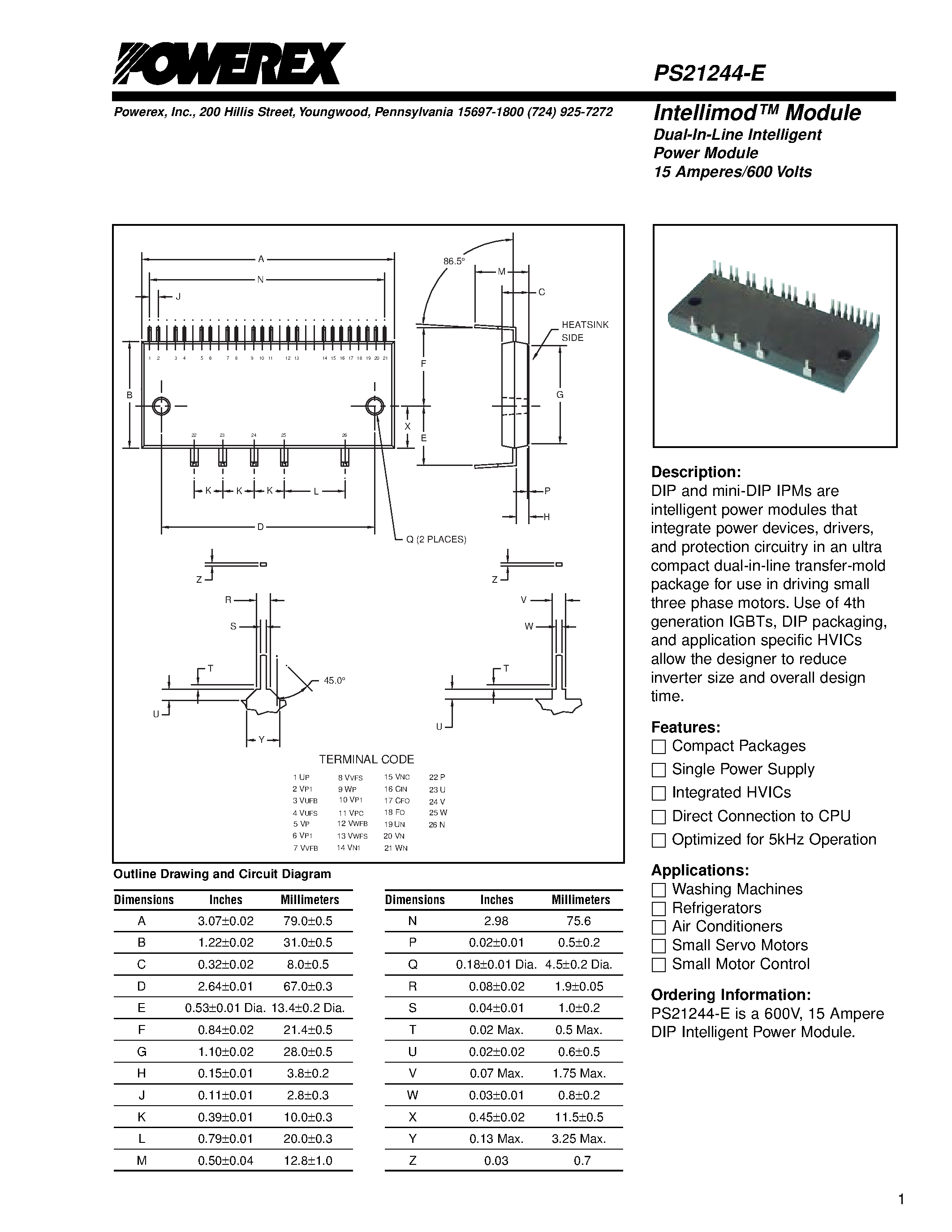 Datasheet PS21244-E - Intellimod Module Dual-In-Line Intelligent Power Module (15 Amperes/600 Volts) page 1