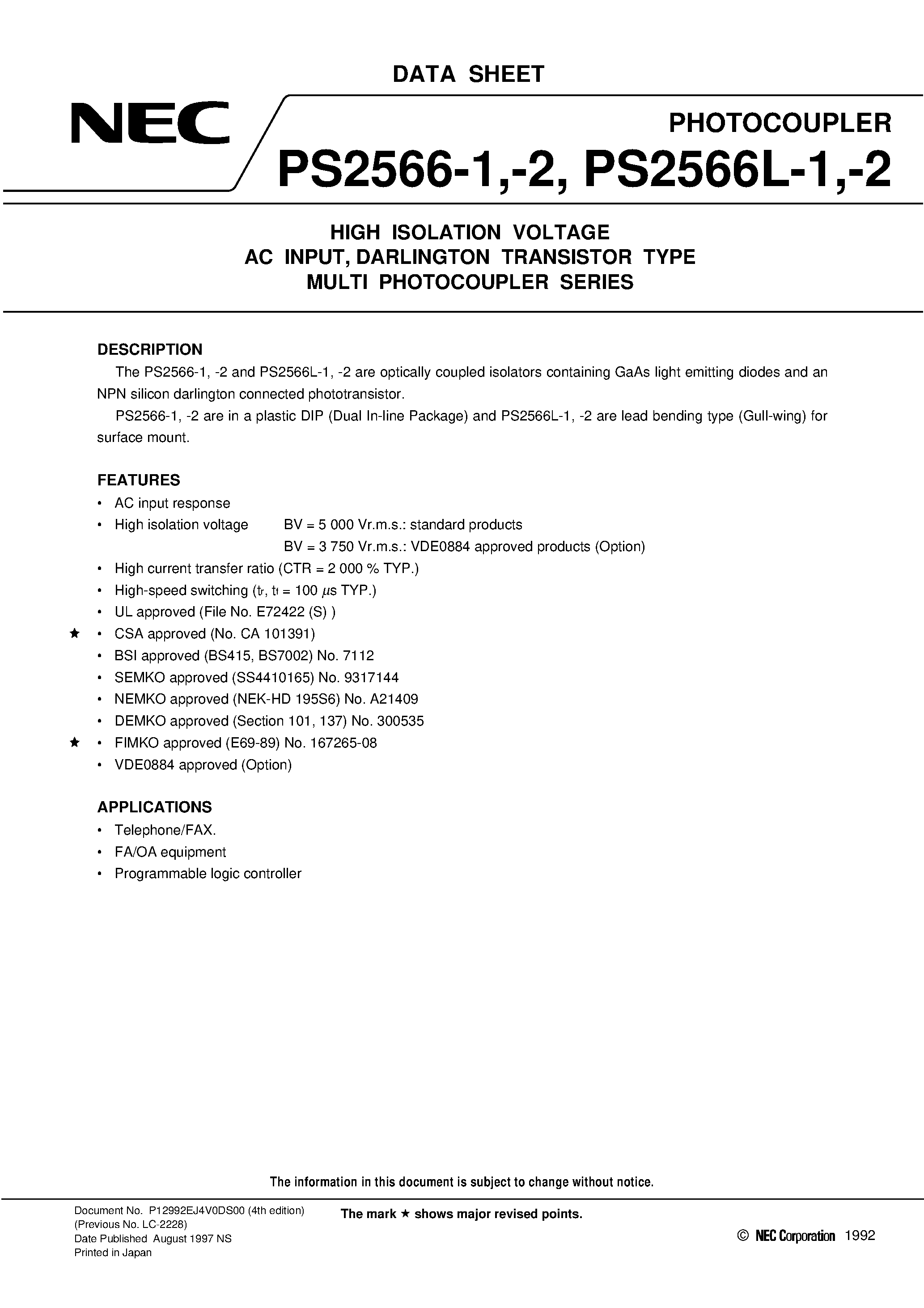 Datasheet PS2566L2-1-V - HIGH ISOLATION VOLTAGE AC INPUT / DARLINGTON TRANSISTOR TYPE MULTI PHOTOCOUPLER SERIES page 1