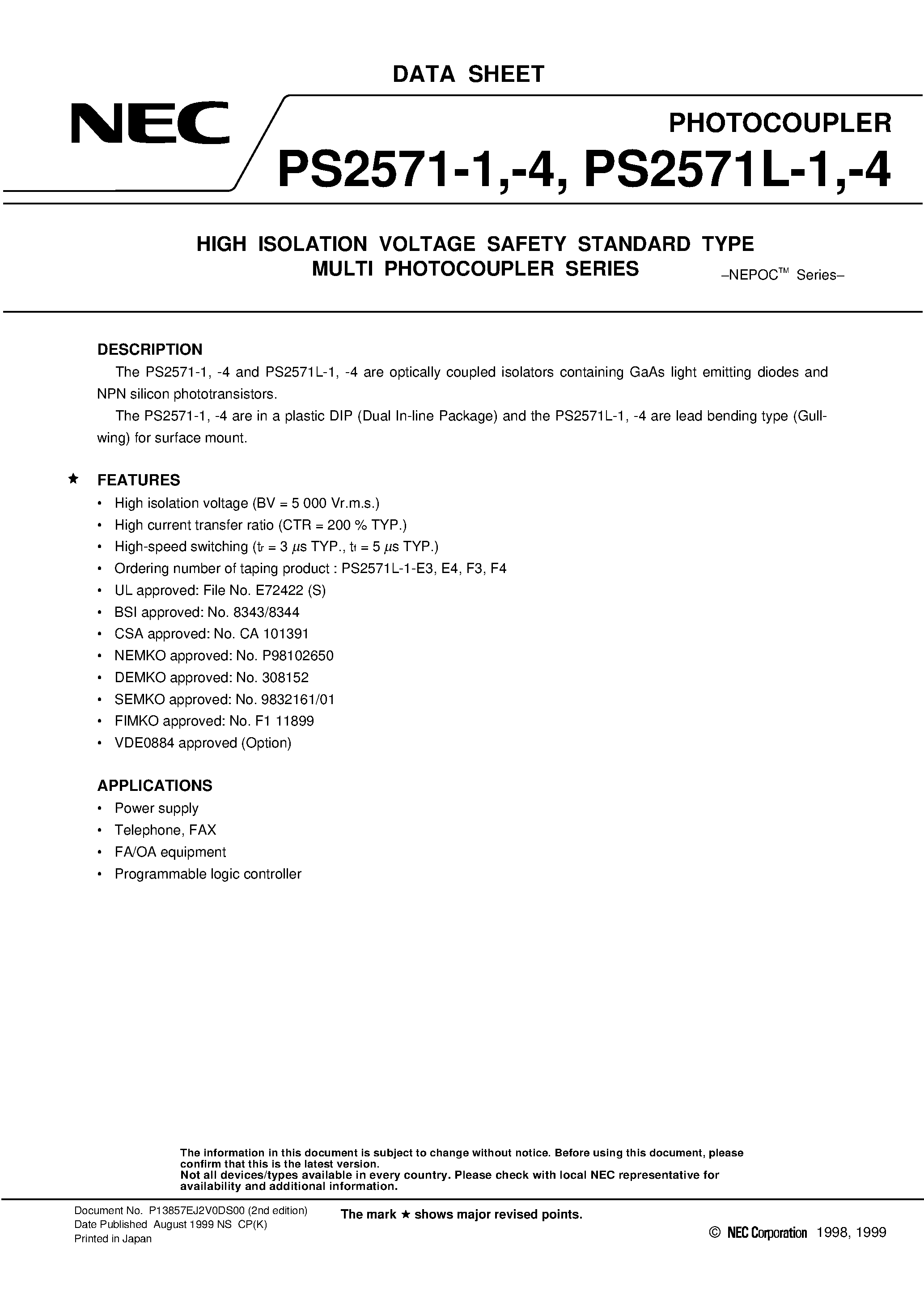 Datasheet PS2571L-4-V - HIGH ISOLATION VOLTAGE SAFETY STANDARD TYPE MULTI PHOTOCOUPLER SERIES page 1