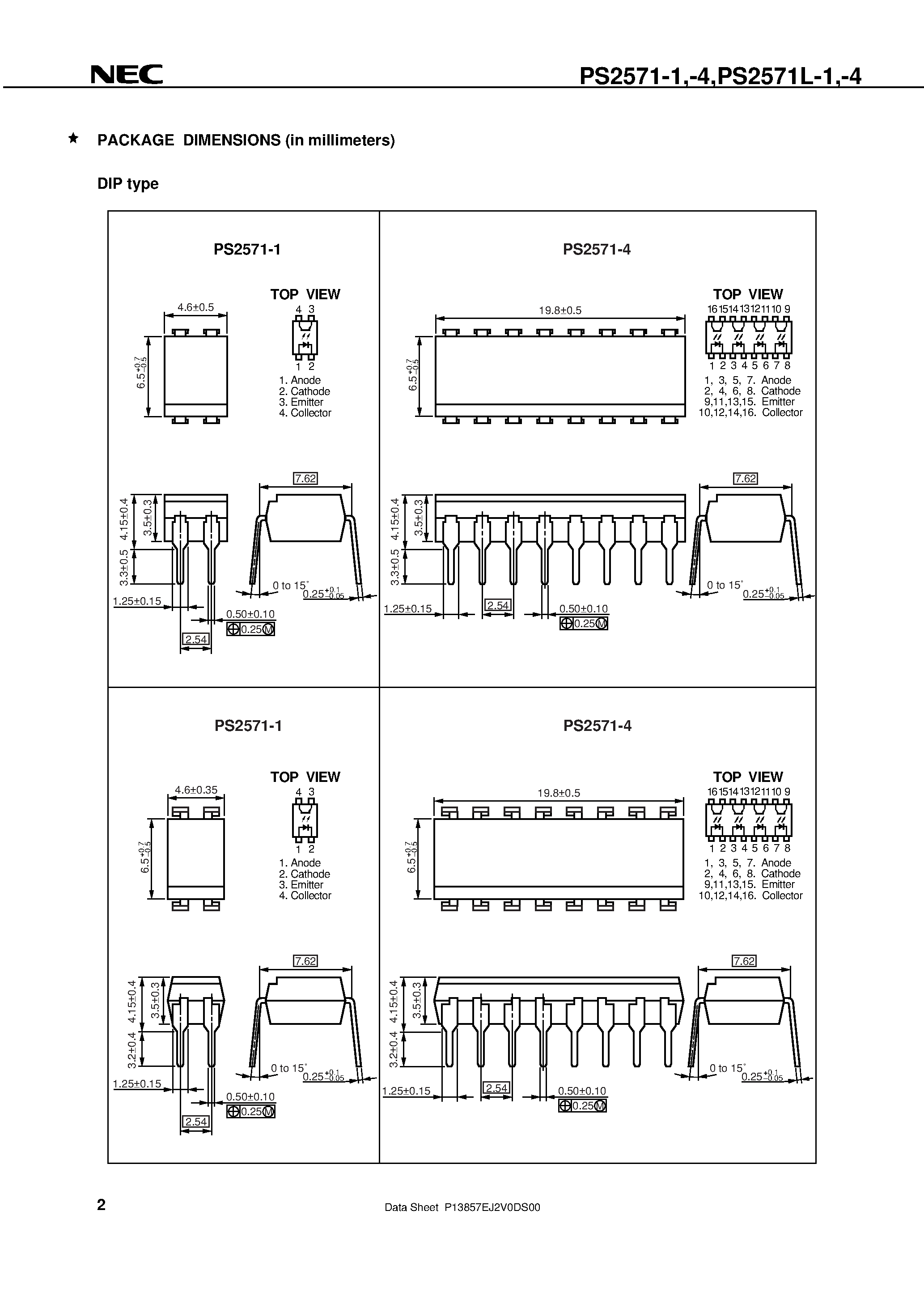 Datasheet PS2571L-4-V - HIGH ISOLATION VOLTAGE SAFETY STANDARD TYPE MULTI PHOTOCOUPLER SERIES page 2